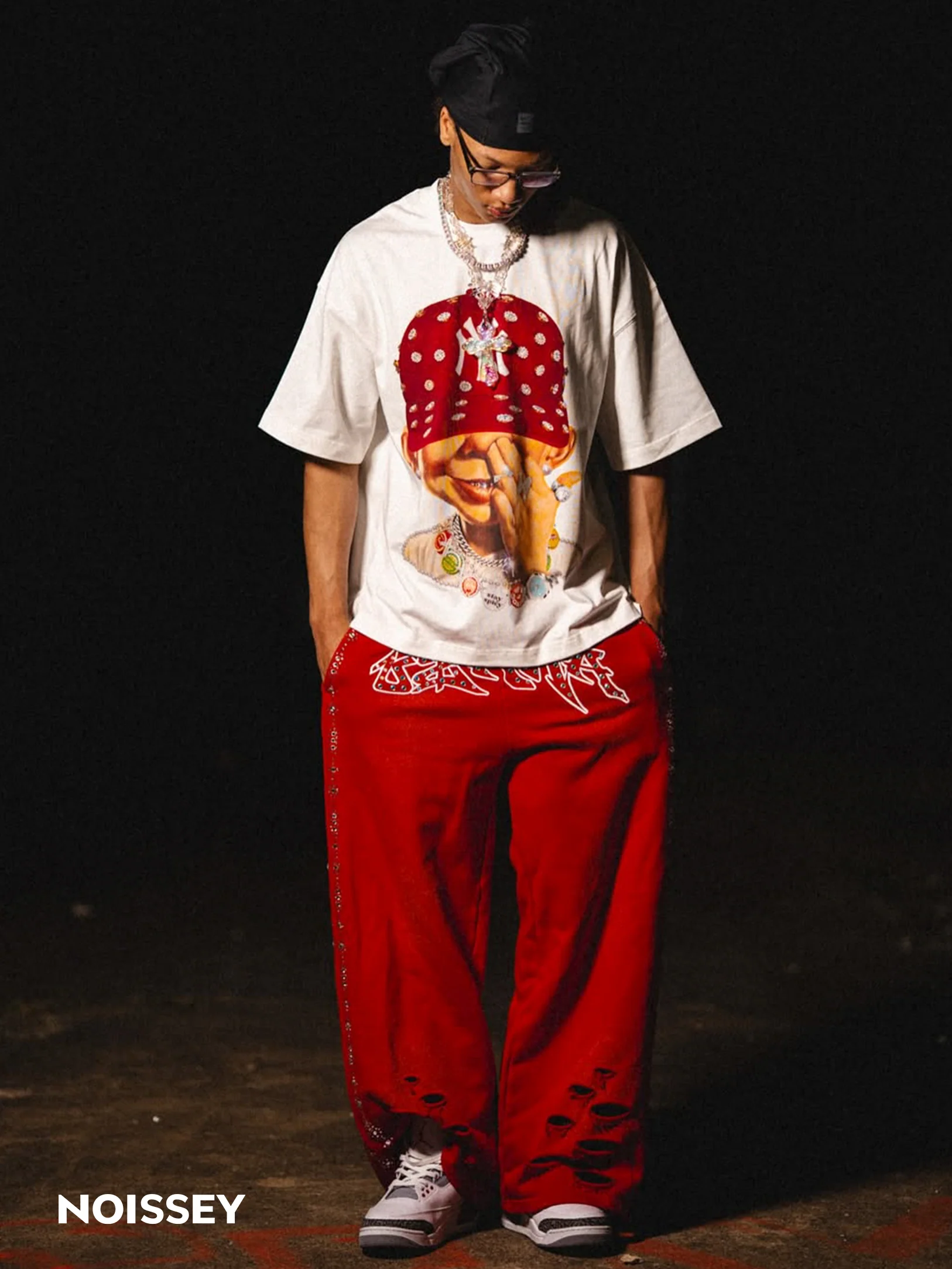 NOISSEY "Bad Boy Red Snapback" Tee - Clean White 260G Heavyweight Little Oversized Streetwear T-Shirt - Image 5