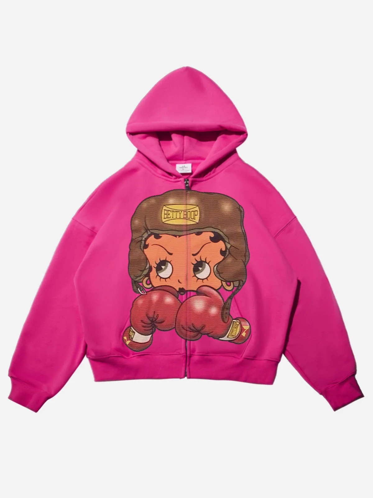 Vintage Betty Boop Boxing Graphic Hoodie - Y2K Aesthetic Boxy Zip-Up