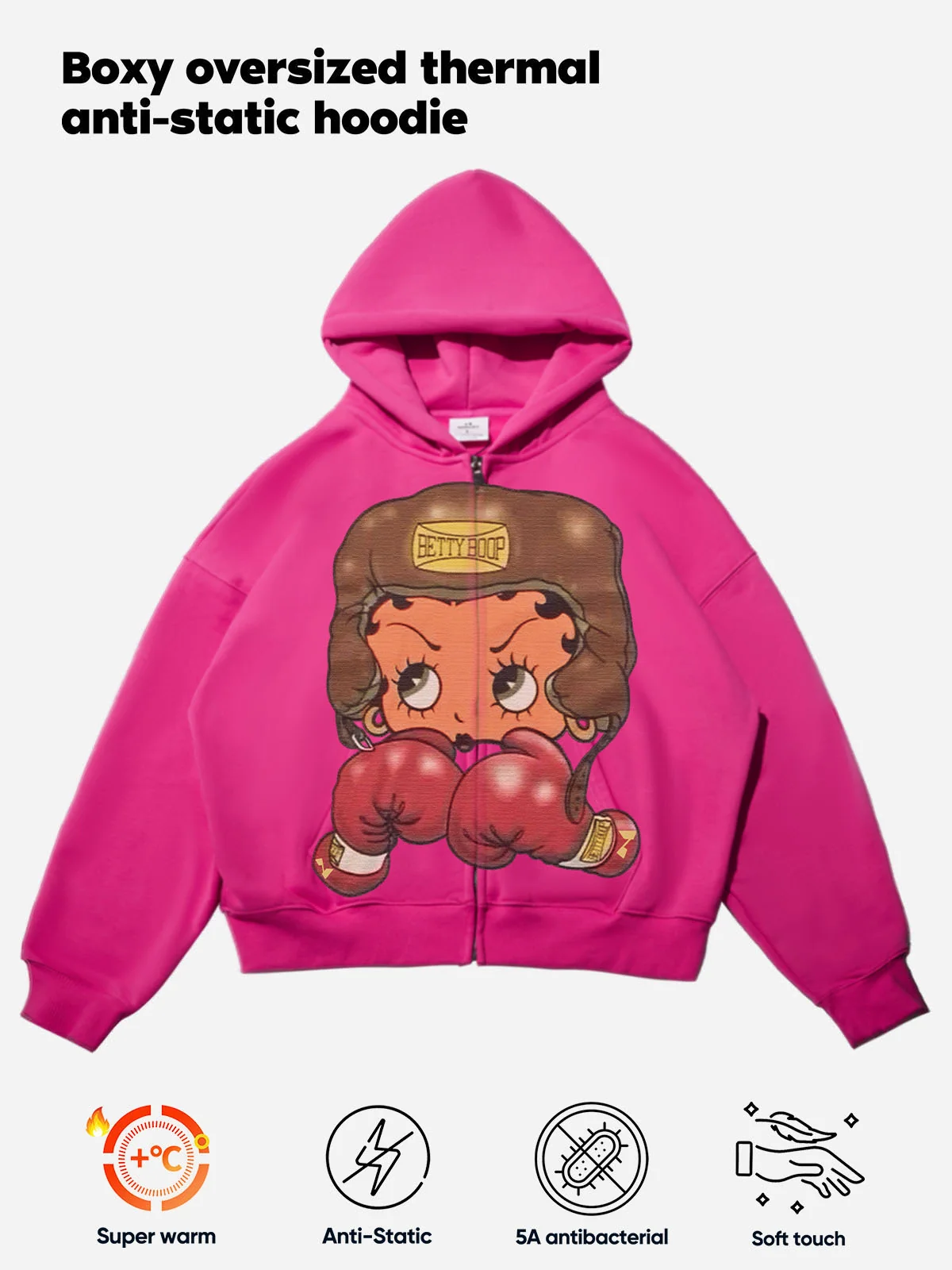 Vintage Betty Boop Boxing Graphic Hoodie - Y2K Aesthetic Boxy Zip-Up - Image 10