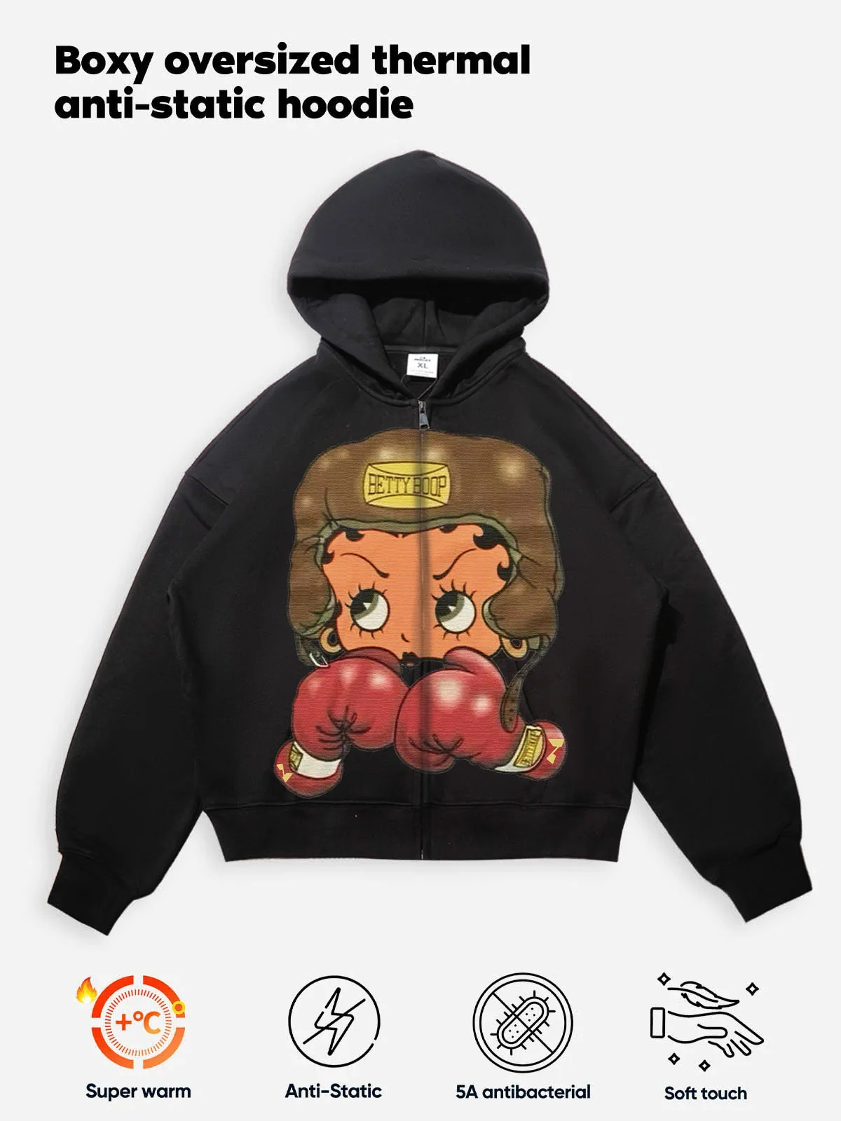 Vintage Betty Boop Boxing Graphic Hoodie - Y2K Aesthetic Boxy Zip-Up - Image 14