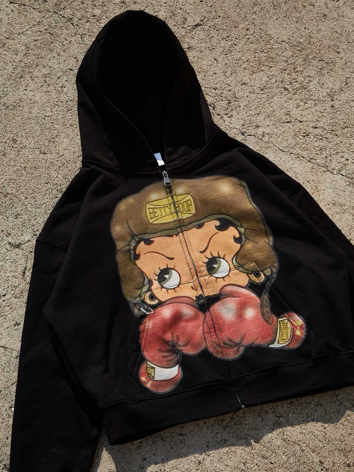 Vintage Betty Boop Boxing Graphic Hoodie - Y2K Aesthetic Boxy Zip-Up - Image 15