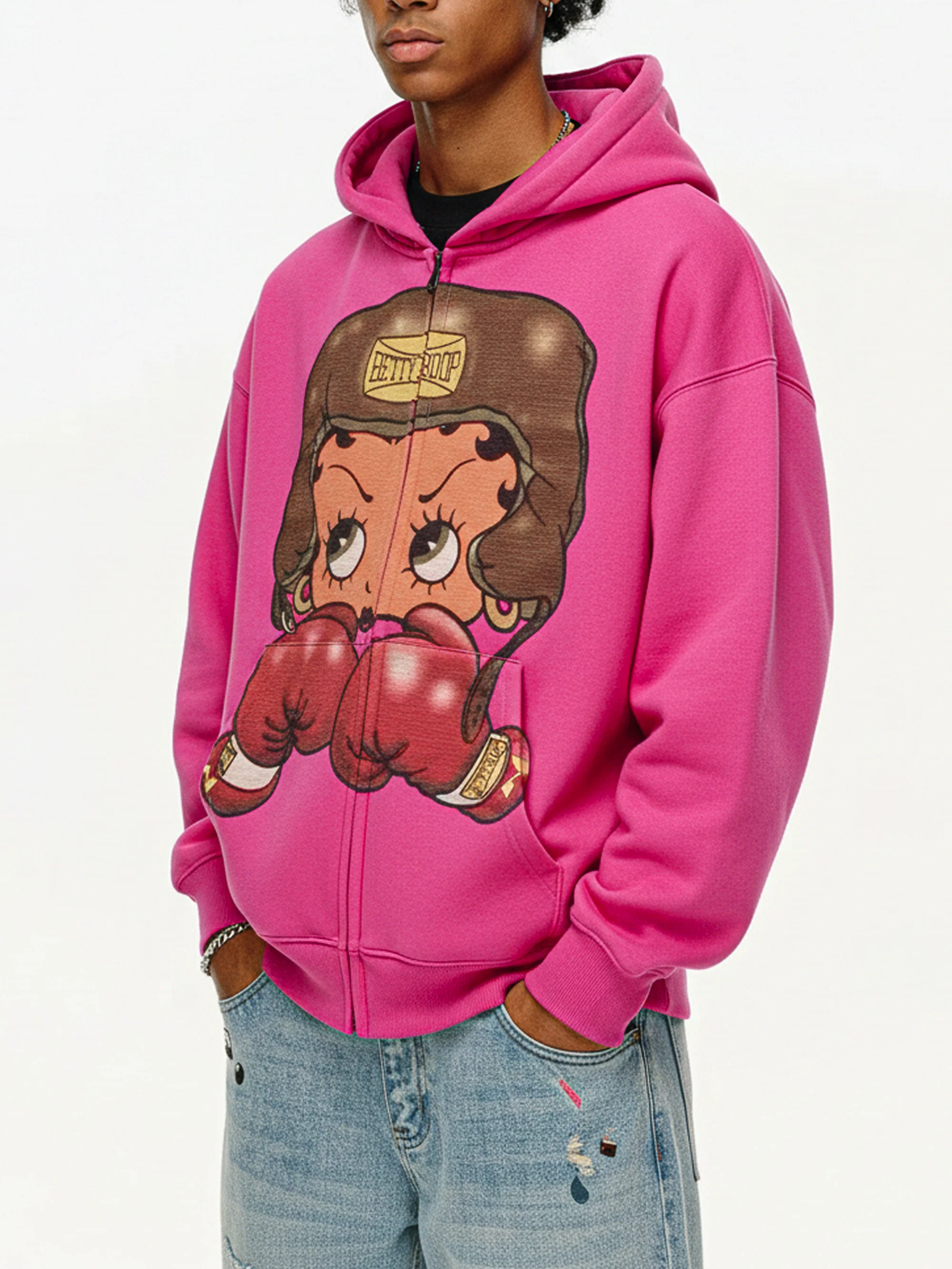 Vintage Betty Boop Boxing Graphic Hoodie - Y2K Aesthetic Boxy Zip-Up - Image 5