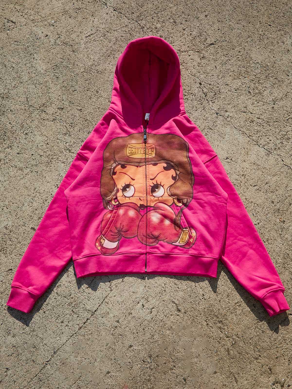 Vintage Betty Boop Boxing Graphic Hoodie - Y2K Aesthetic Boxy Zip-Up - Image 6