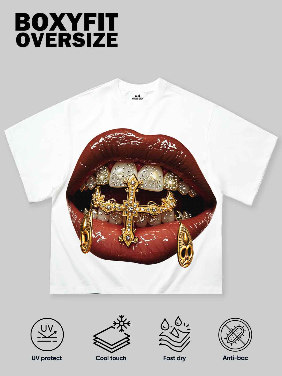 Boxy Oversized T-shirt Gold Diamond Ring and Mask Culture Lip Print - Image 2