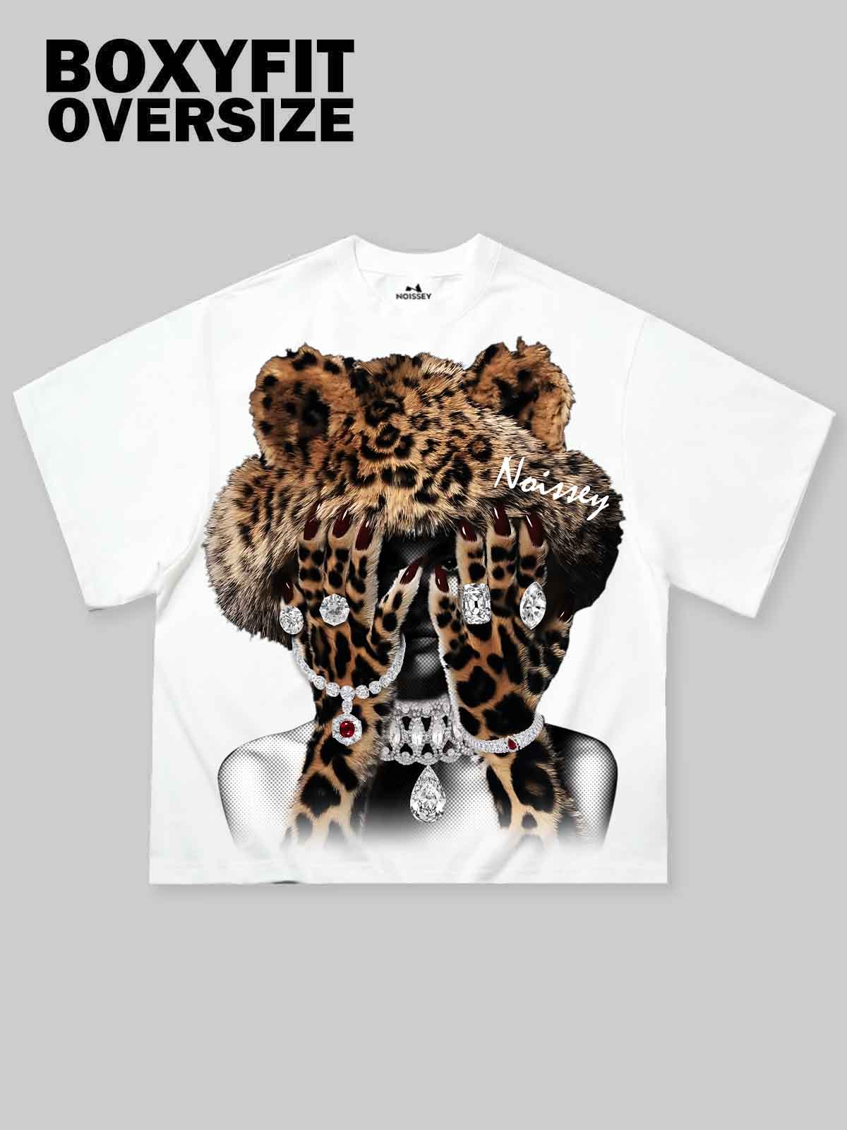 Boxy oversized T-shirt Leopard Girl and Her Diamond Jewelry Print - Image 2