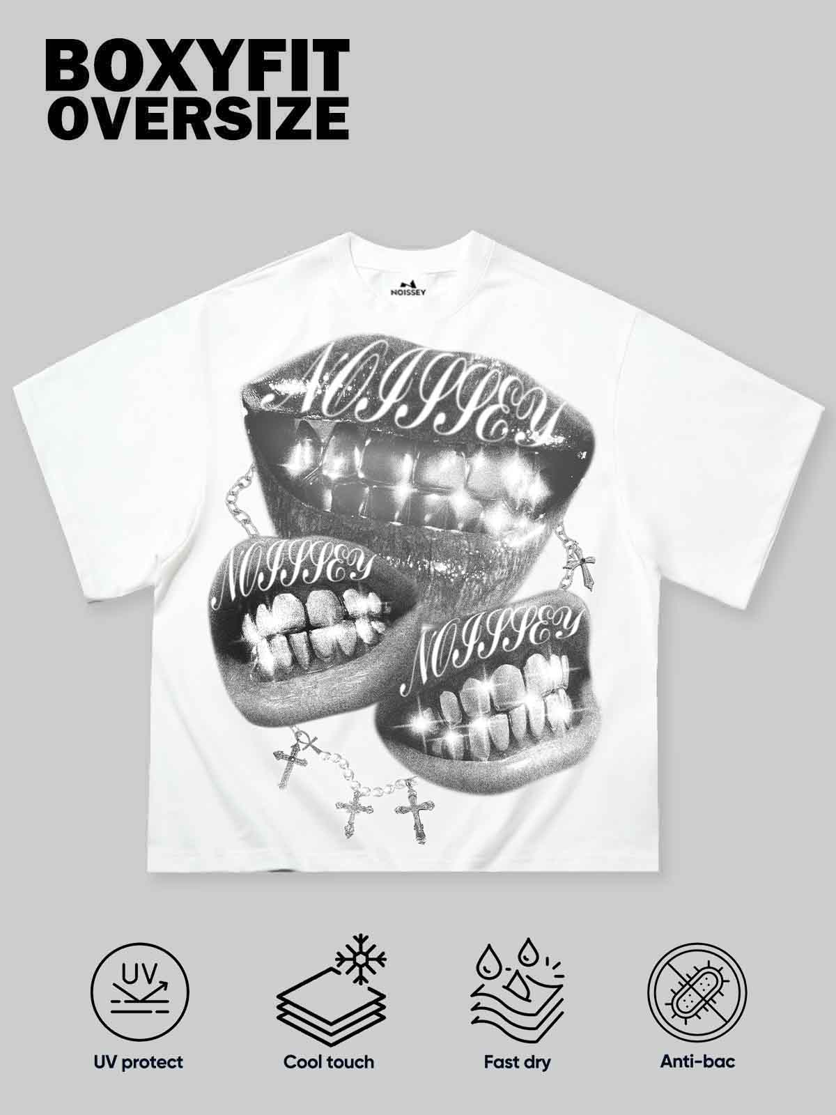 Boxy oversized T-shirt Retro Black and White Monochrome Grills Print - Image 2