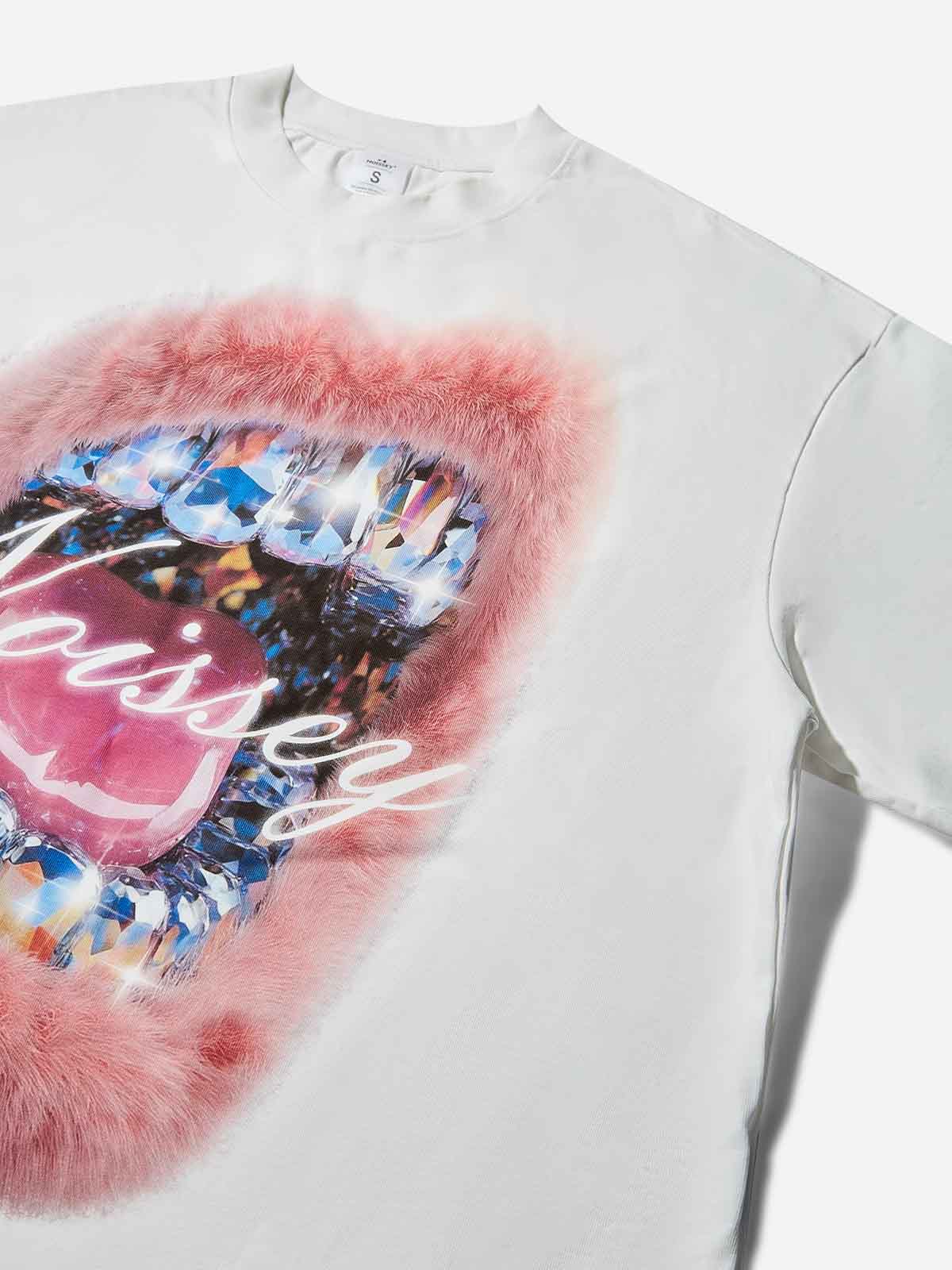 Boxy Oversized T-Shirt with Artistic Diamond Plush Lip Print - Image 6