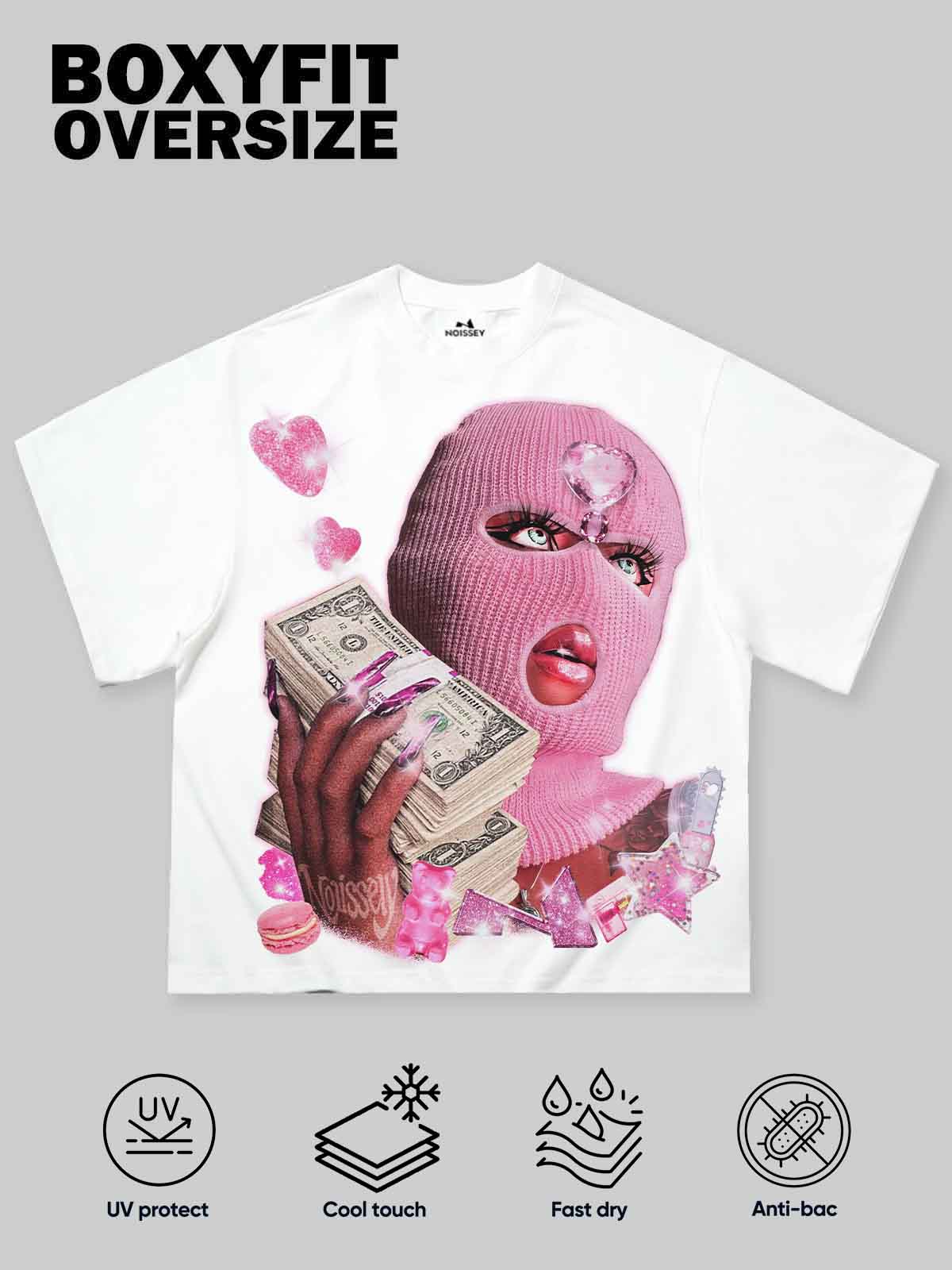 NOISSEY "Balaclava Pink Trap Girl" Tee - Clean White 255G Heavyweight Boxy Oversized Money Graphic T-Shirt - Image 3