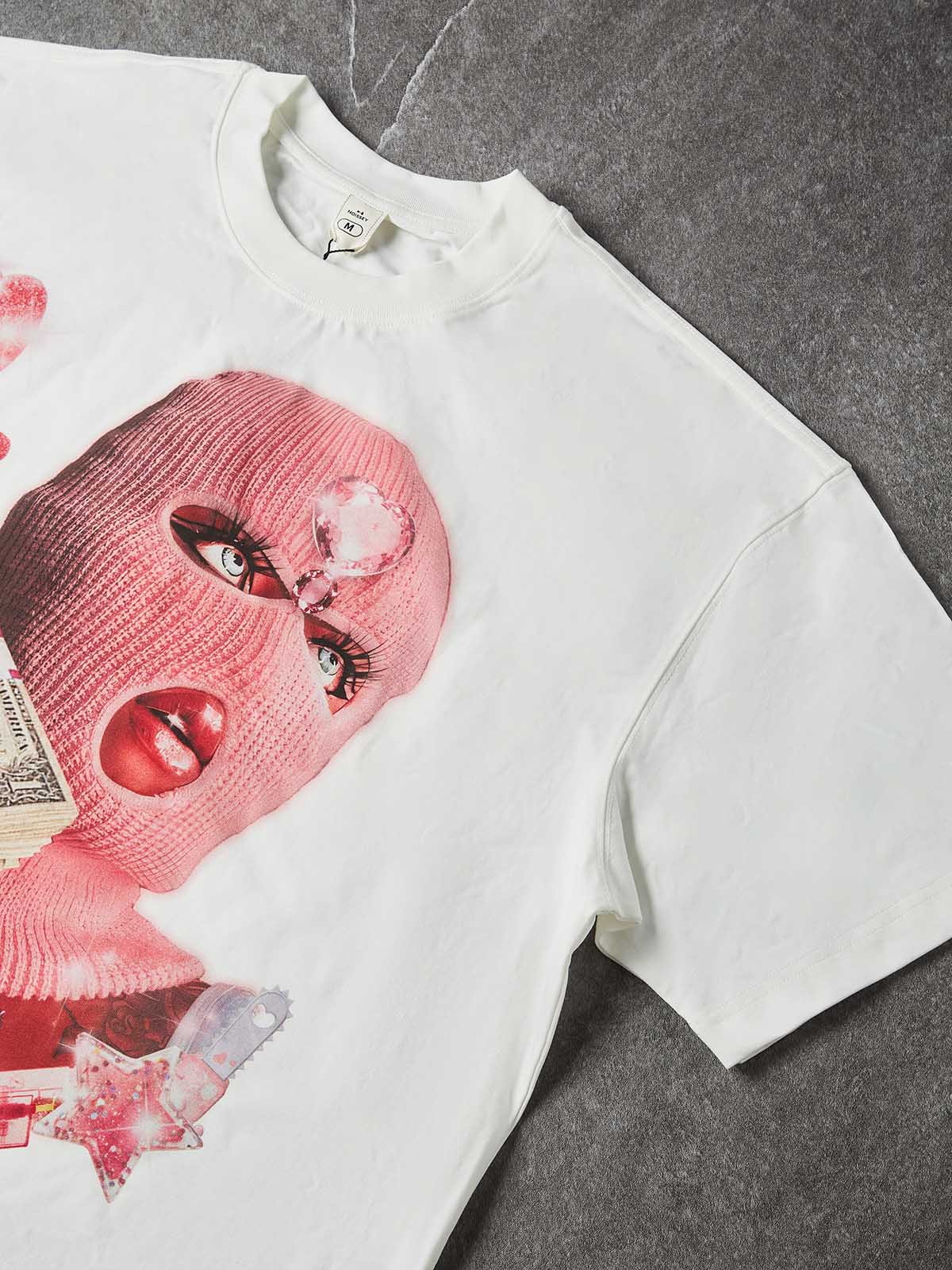 NOISSEY "Balaclava Pink Trap Girl" Tee - Clean White 255G Heavyweight Boxy Oversized Money Graphic T-Shirt - Image 6
