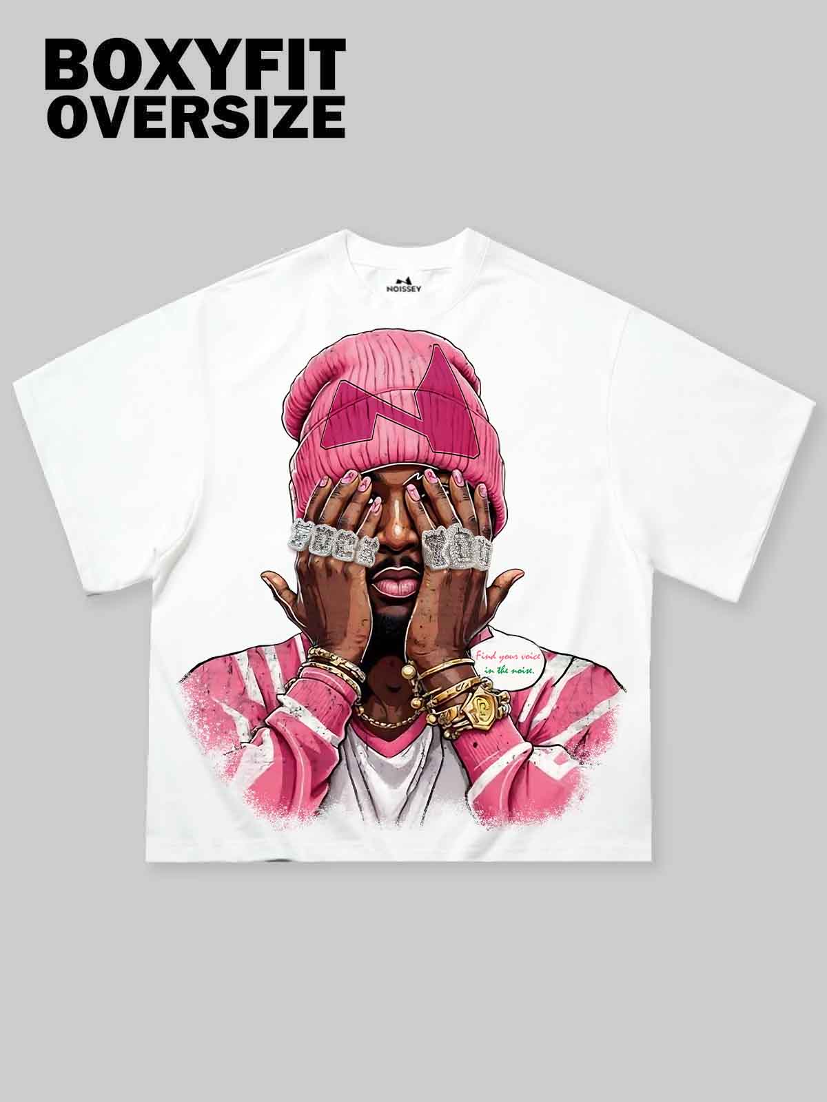 NOISSEY "Pink Beanie" Comic Portrait Iced-Out Hand Graphic Boxy T-Shirt - Image 2