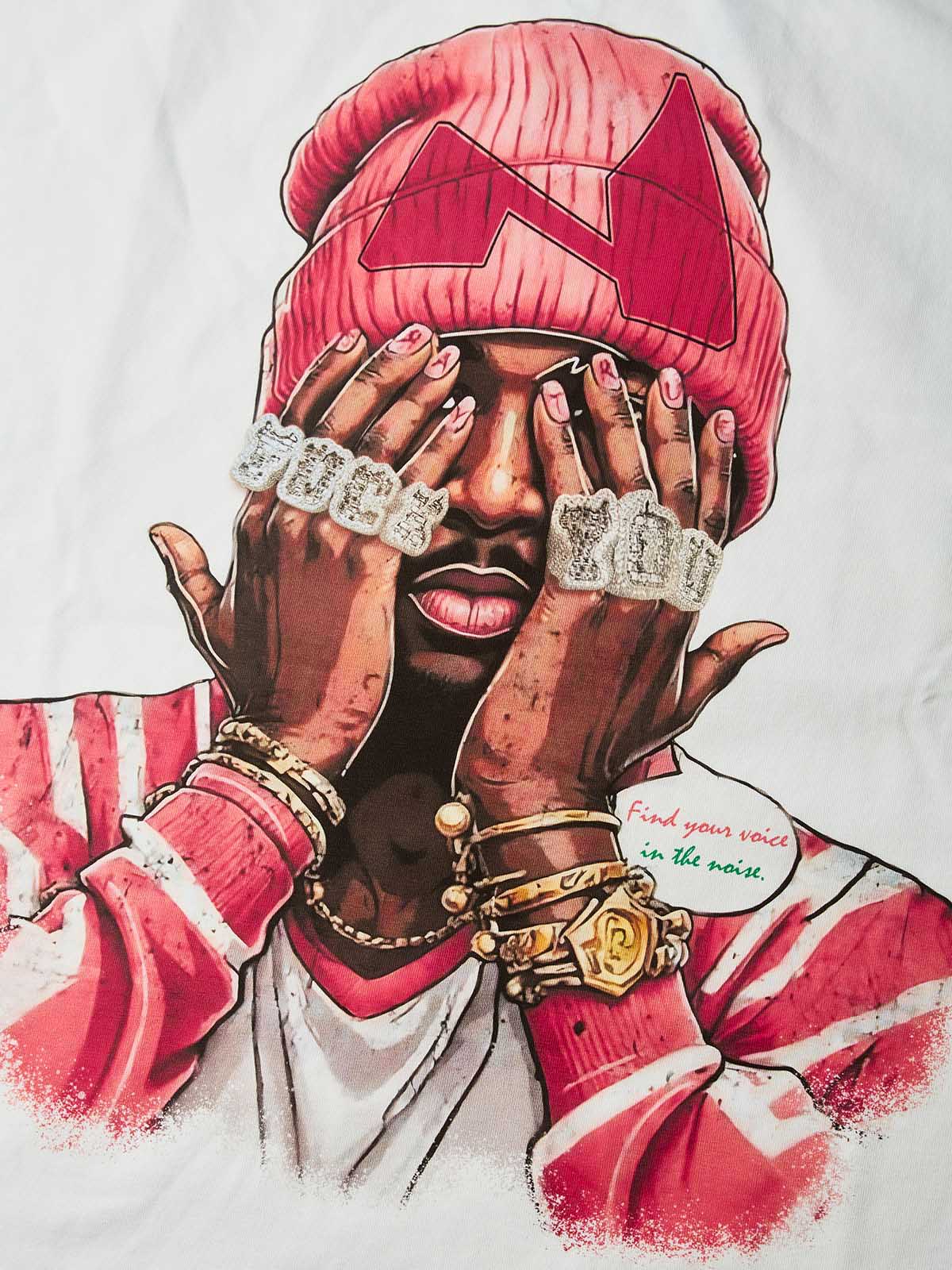 NOISSEY "Pink Beanie" Comic Portrait Iced-Out Hand Graphic Boxy T-Shirt - Image 3
