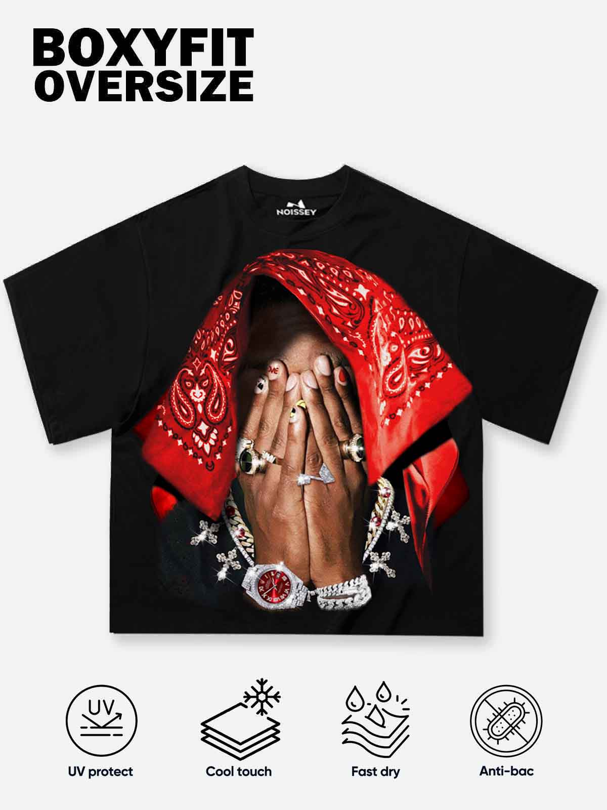 Boxy Oversized T-shirt with Red Paisley Art Headscarf Figure Print - Image 3