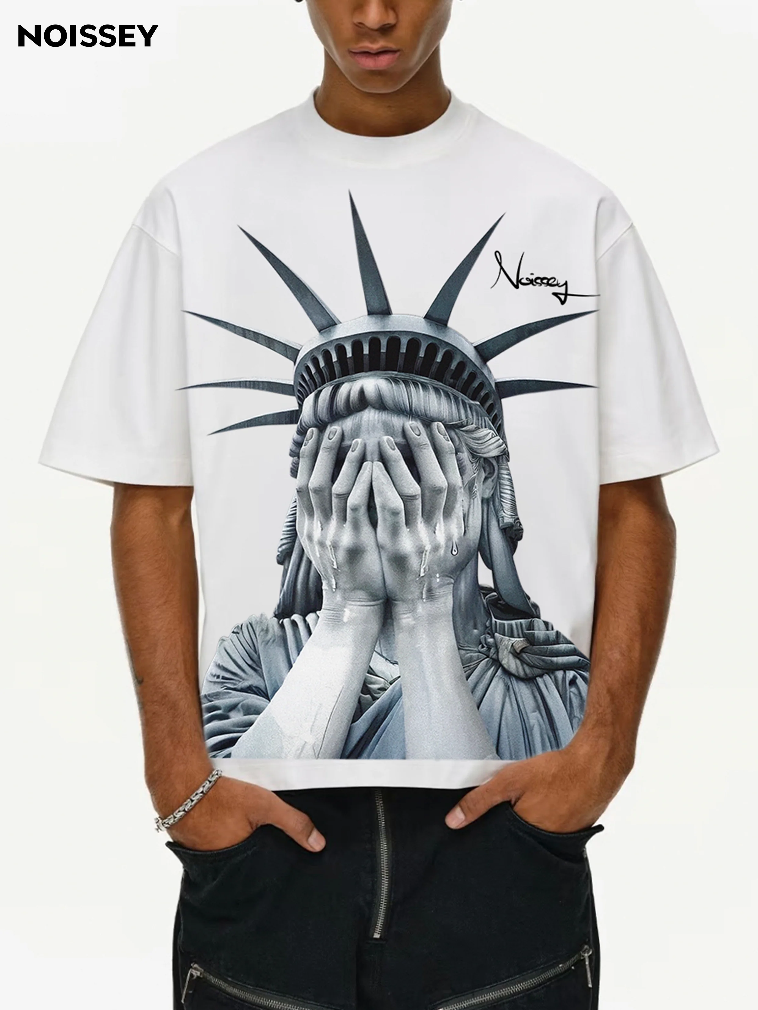 NOISSEY "Weeping Liberty" Tee - Clean White 255G Heavyweight Boxy Oversized Crying Goddess Graphic T-Shirt - Image 3