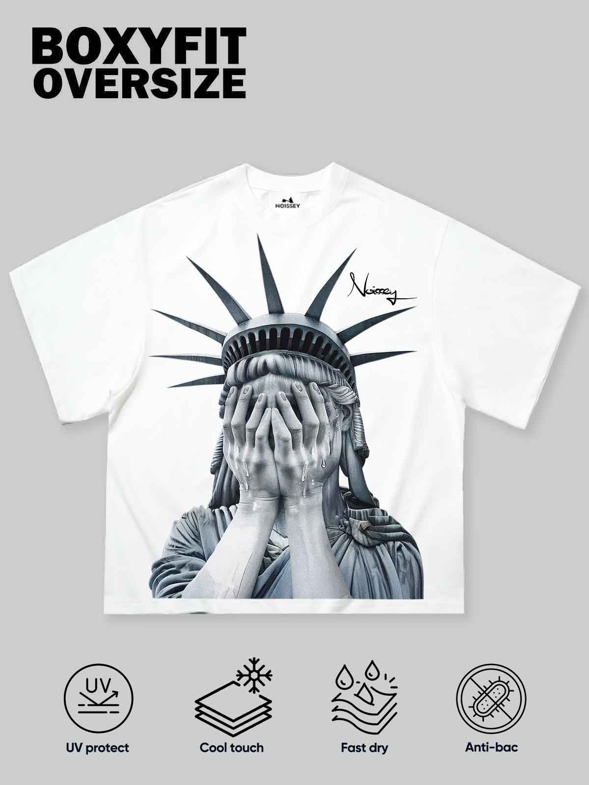 NOISSEY "Weeping Liberty" Tee - Clean White 255G Heavyweight Boxy Oversized Crying Goddess Graphic T-Shirt - Image 4