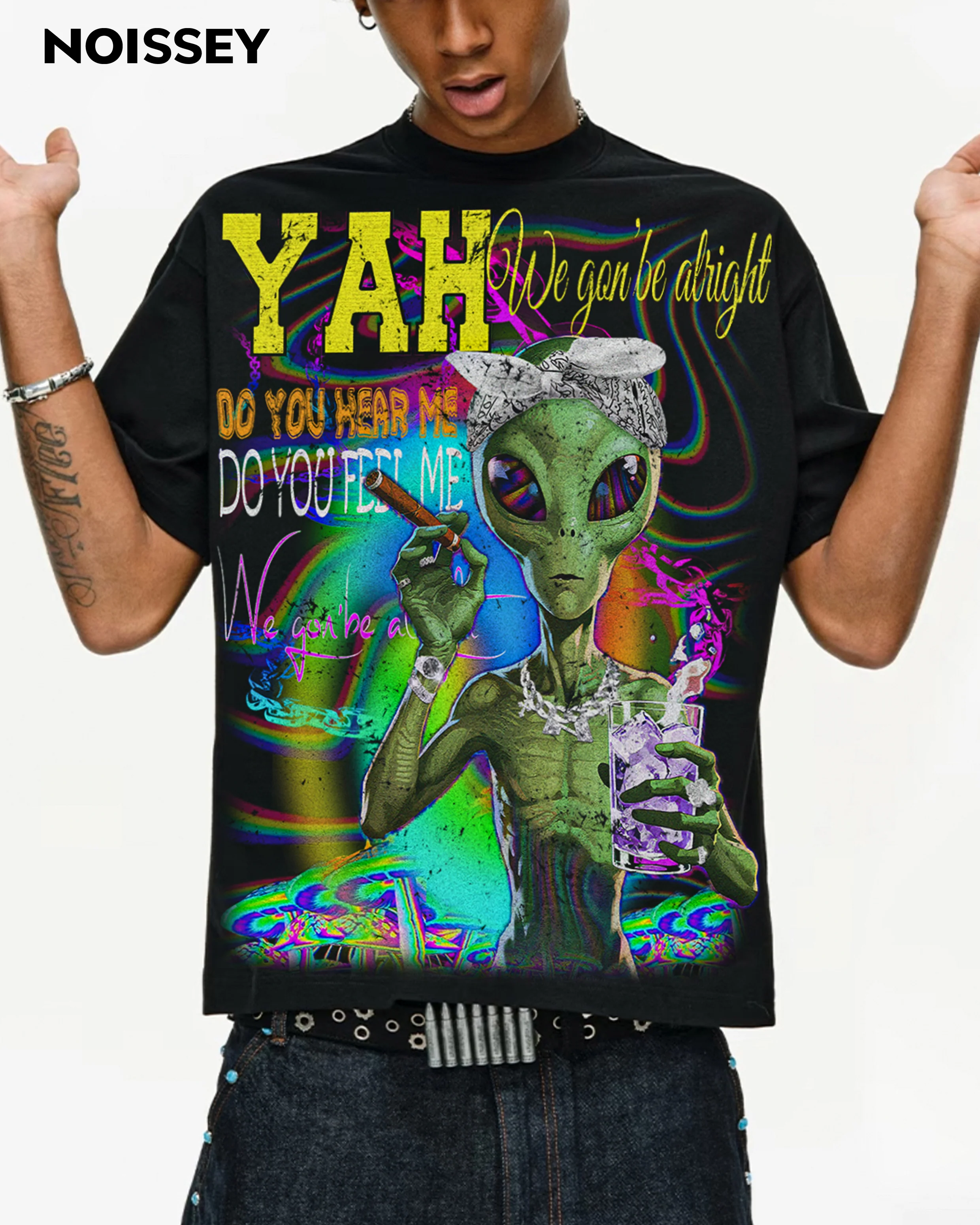 Boxy Oversized T-shirt with "YAH!We gon' be alright" Print - Image 4