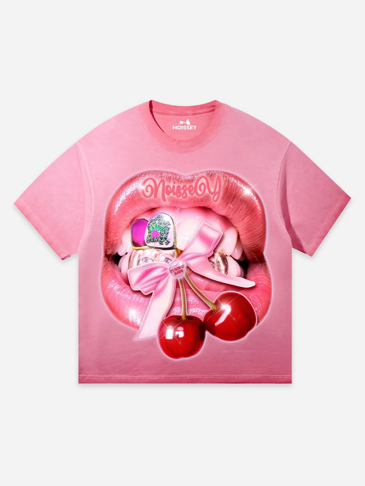 "CHERRY LIPS" GRILLZ SHIMMER TEE – VINTAGE PINK OVERSIZED STREETWEAR
