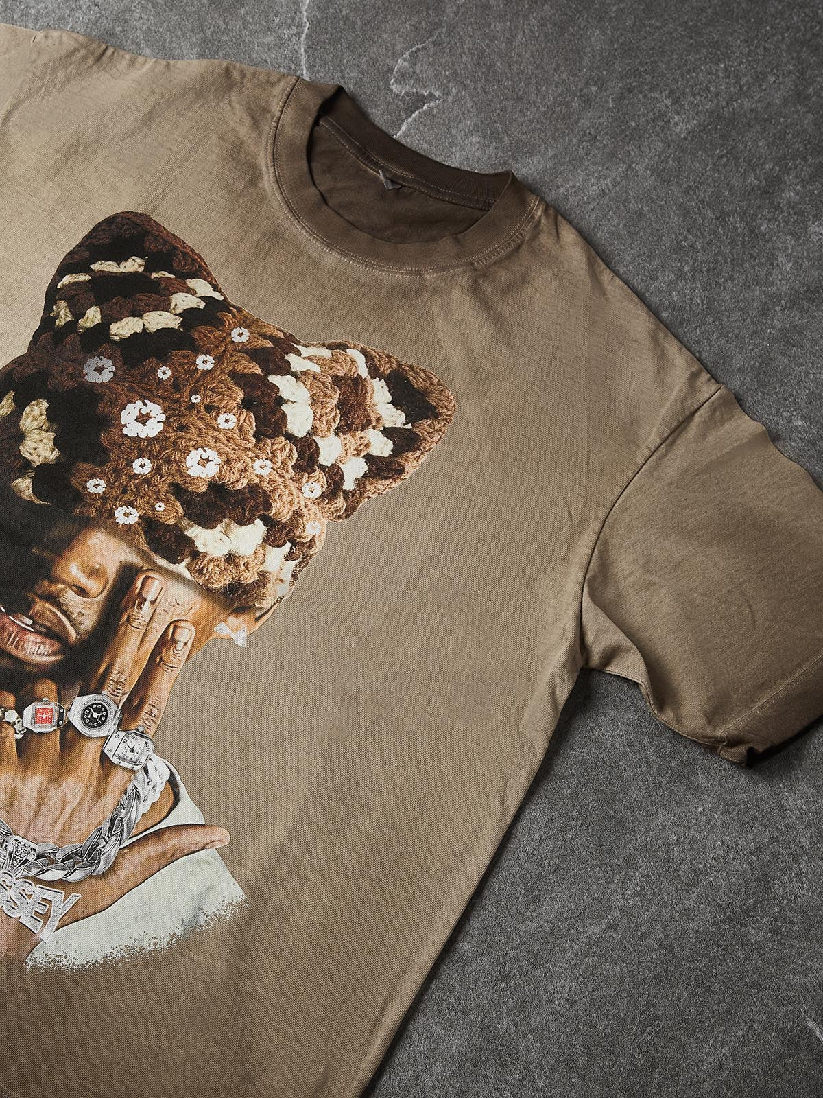 NOISSEY Chocolate Brown "Crochet Cat Beanie" Portrait Vintage Wash Tee - Image 7
