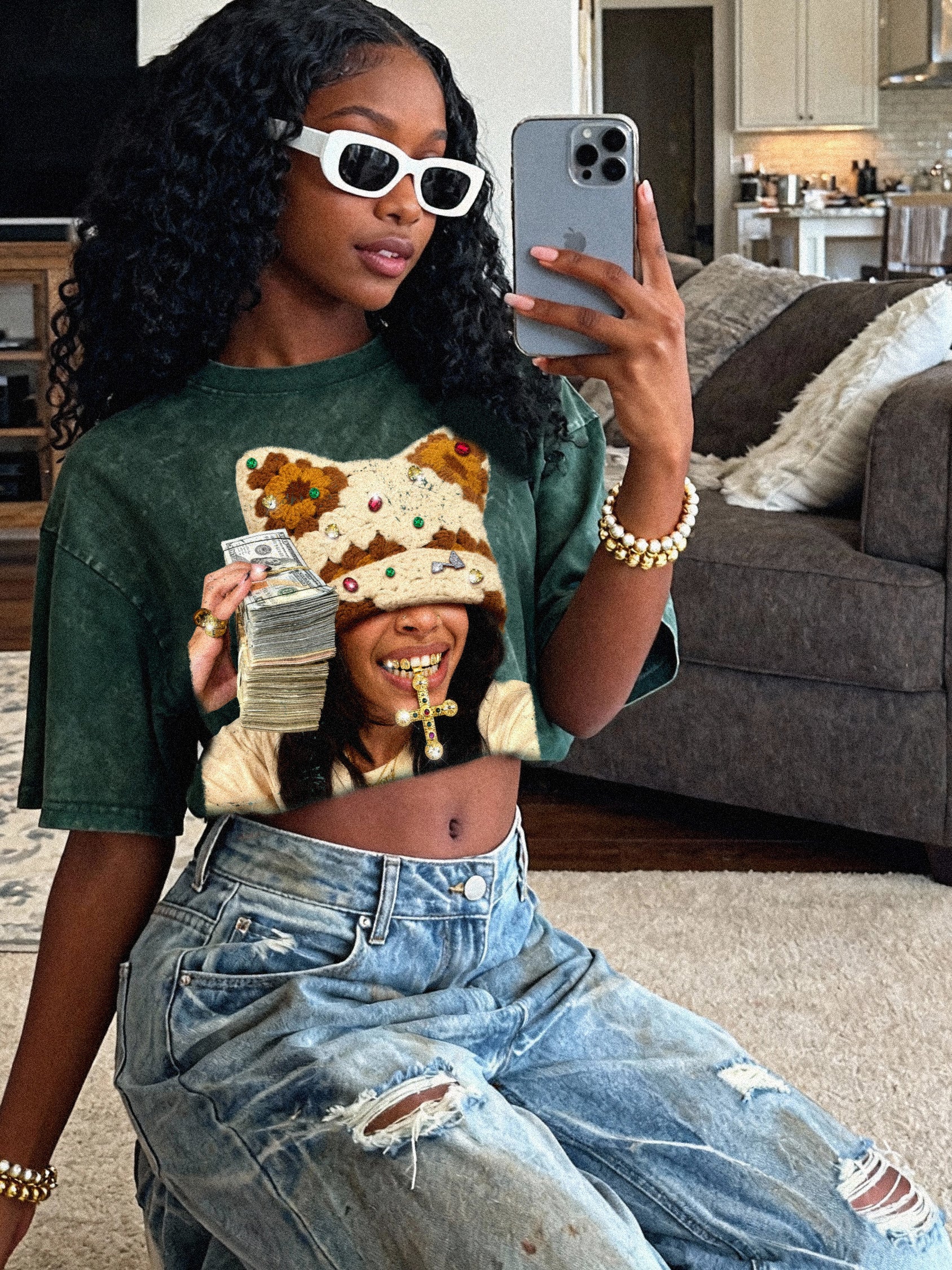 Colorful Diamond Brown Cat-Ear Cat & Street Girl Washed Print T-shirt - Image 3
