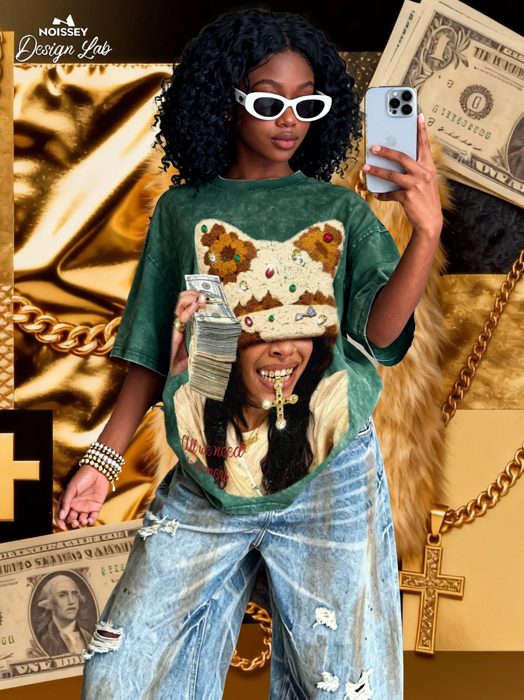 Colorful Diamond Brown Cat-Ear Cat & Street Girl Washed Print T-shirt - Image 4
