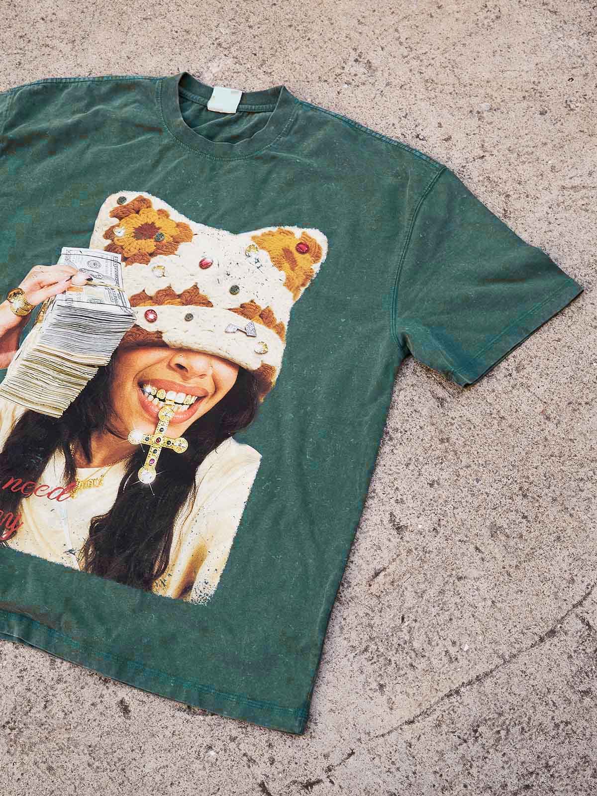 Colorful Diamond Brown Cat-Ear Cat & Street Girl Washed Print T-shirt - Image 9