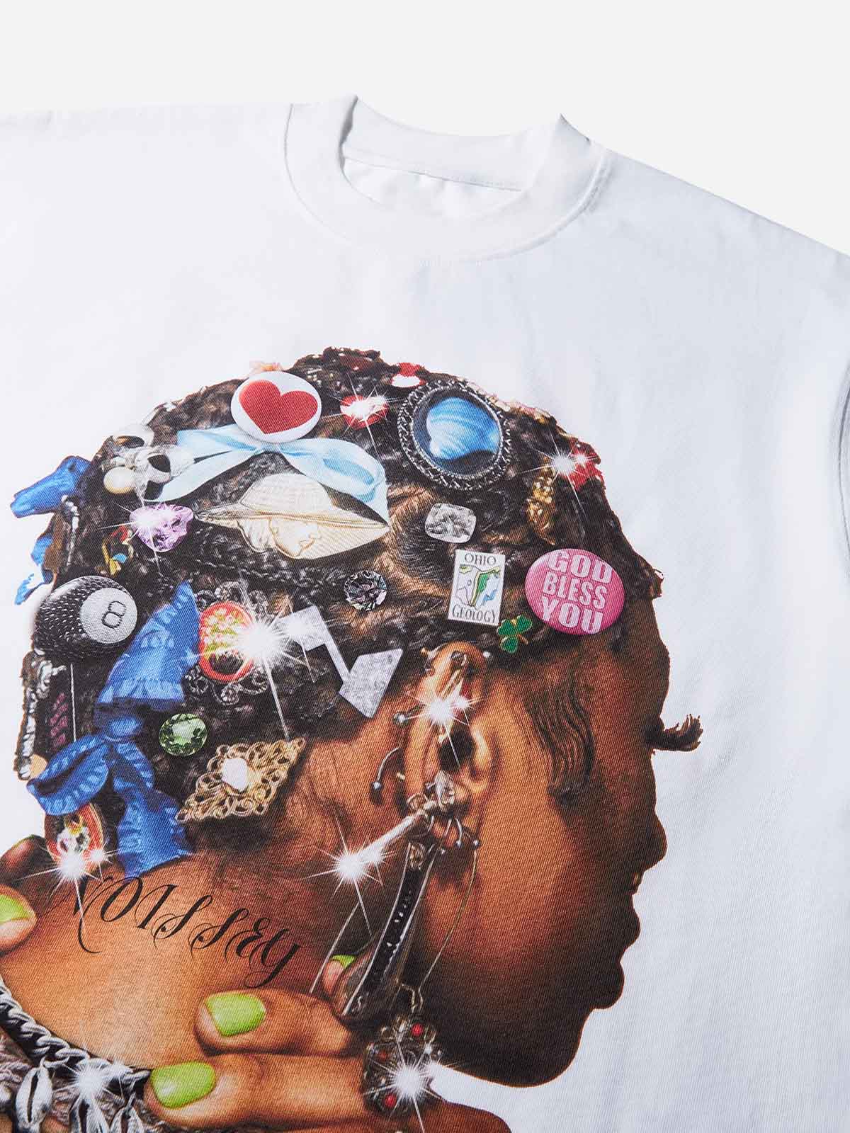 Colorful Diamond-Element Character Print T-shirt - Image 4