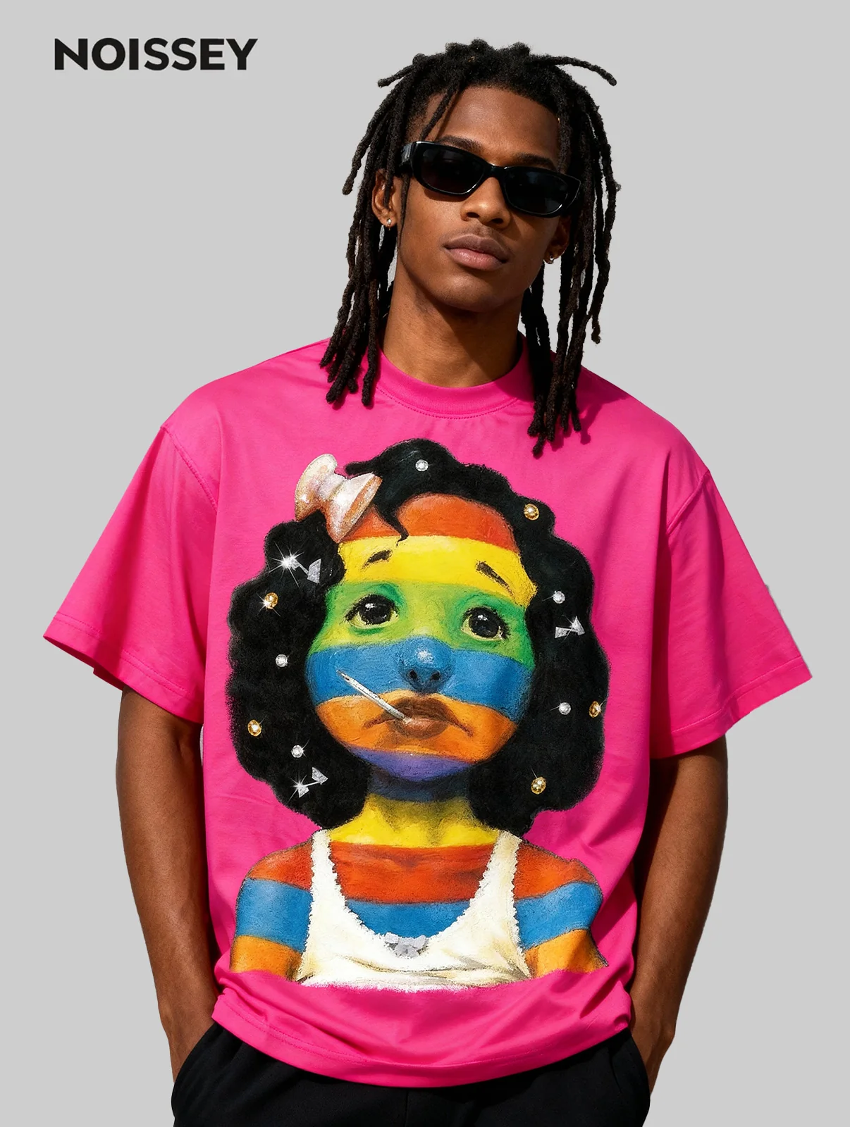 Colorful Striped Girl Art Print Boxy Oversized T-shirt - Image 3