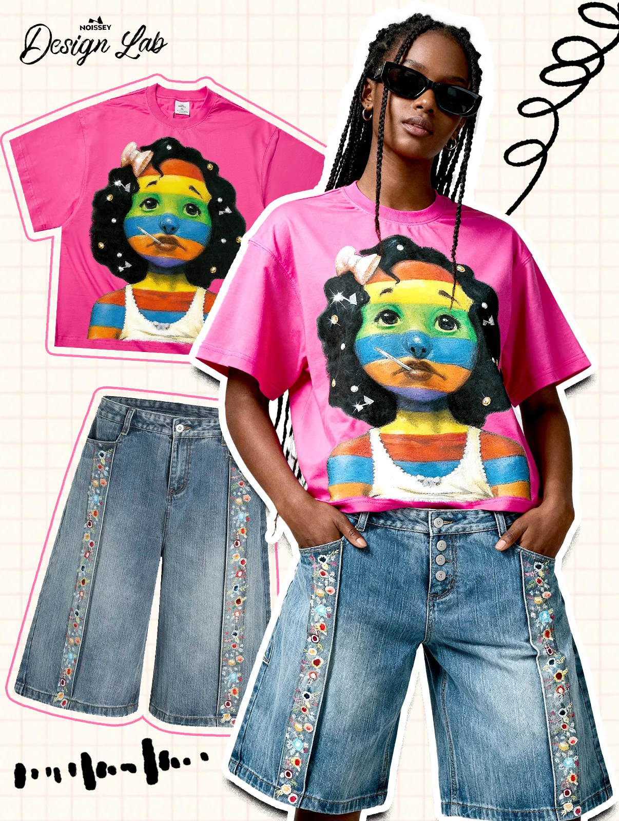 Colorful Striped Girl Art Print Boxy Oversized T-shirt - Image 4