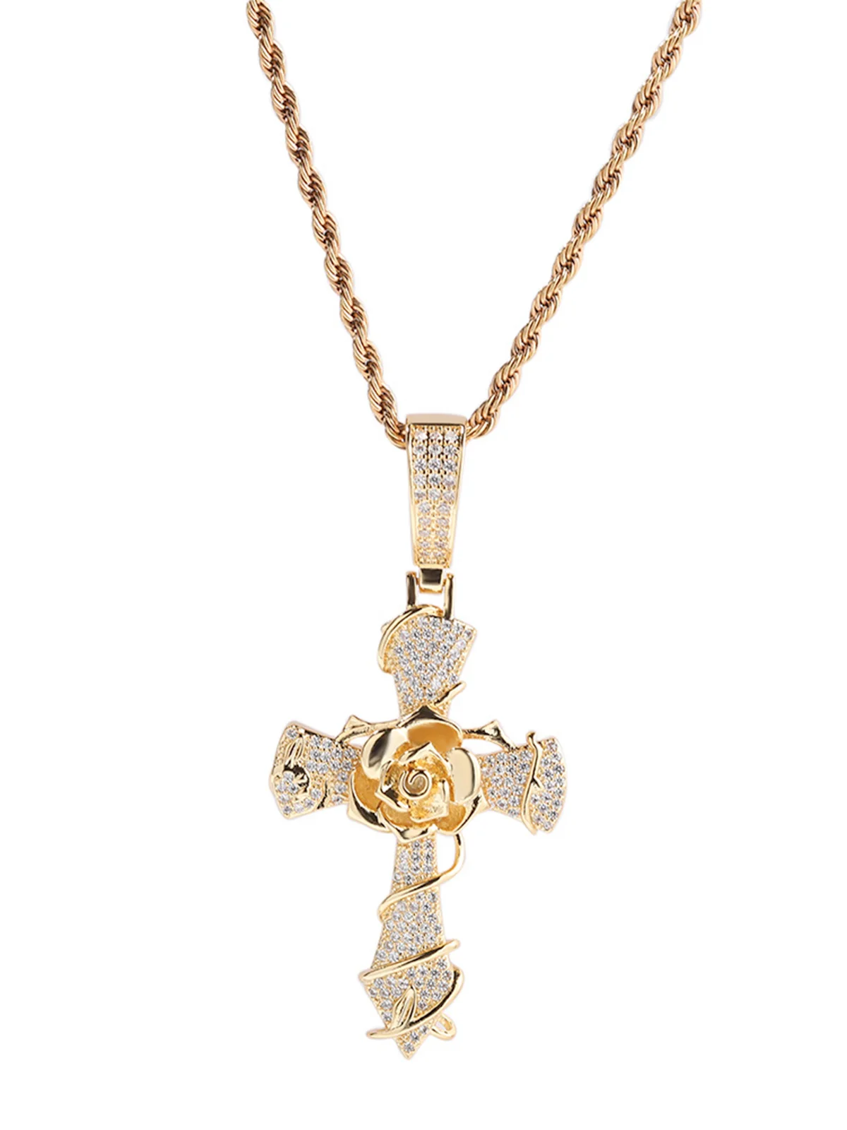 Copper-Plated 5A Zircon Rose Cross Necklace - Image 3