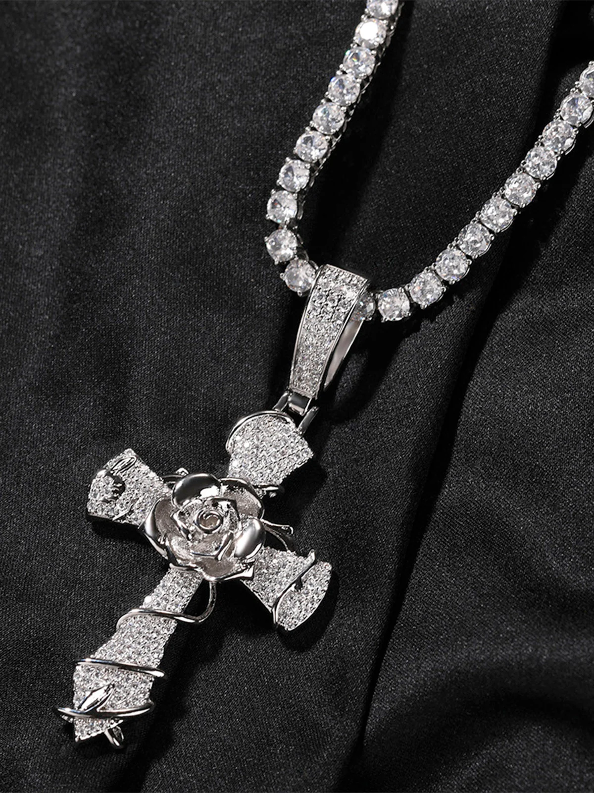 Copper-Plated 5A Zircon Rose Cross Necklace - Image 4