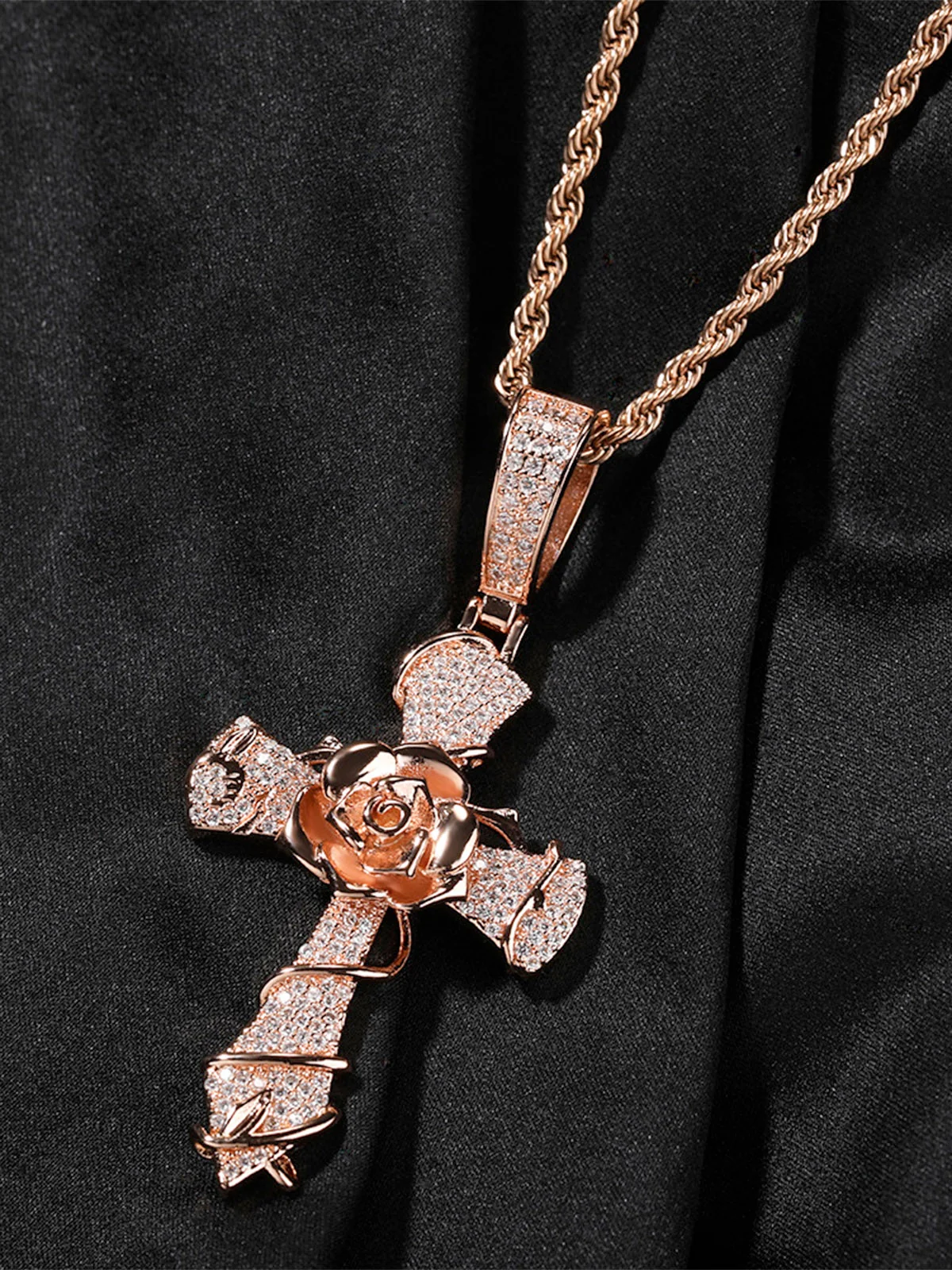 Copper-Plated 5A Zircon Rose Cross Necklace - Image 9