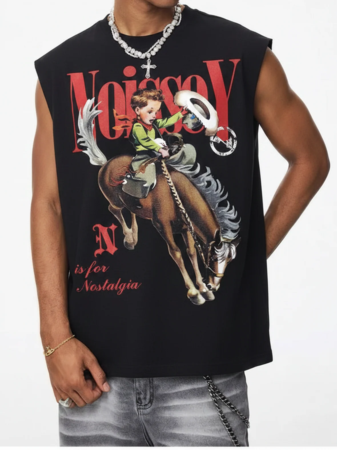 NOISSEY Vintage Cowboy Illustration Tank Top - Phantom Black 270G Heavyweight Oversized Sleevelless Tee - Image 3