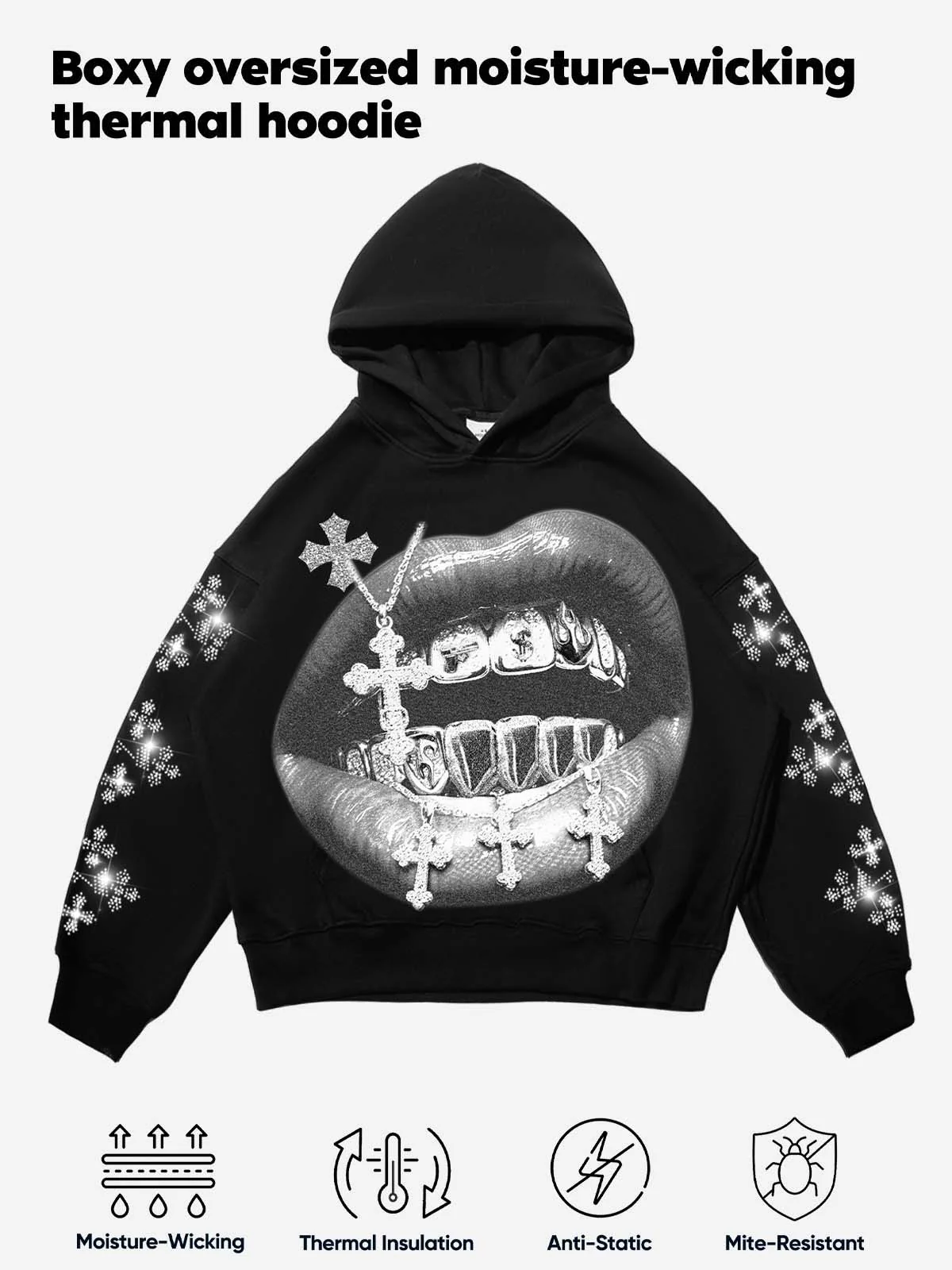 NOISSEY Cross Grillz Rhinestone Sleeve Thermal Hoodie - Image 5