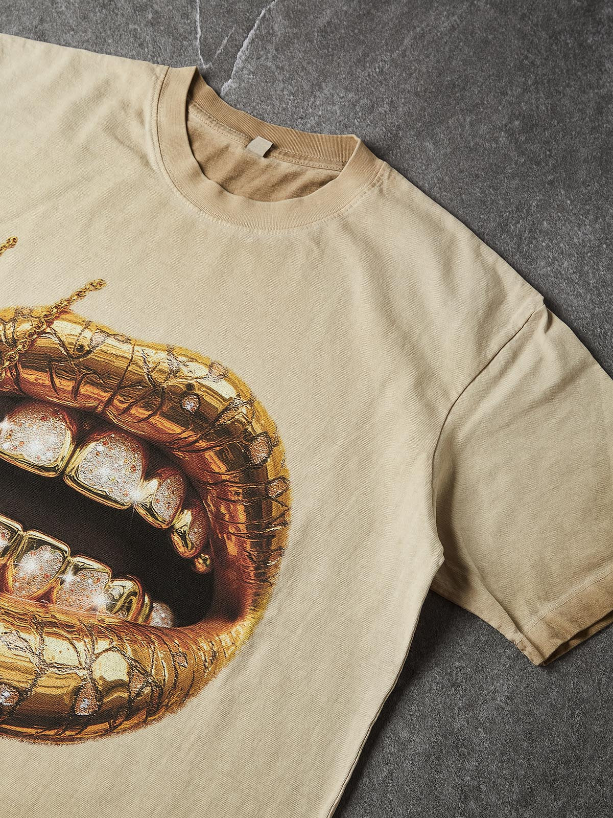 NOISSEY "Desert Gold" Diamond Grillz & Cross Chain Tee - Sand/Beige - Image 6