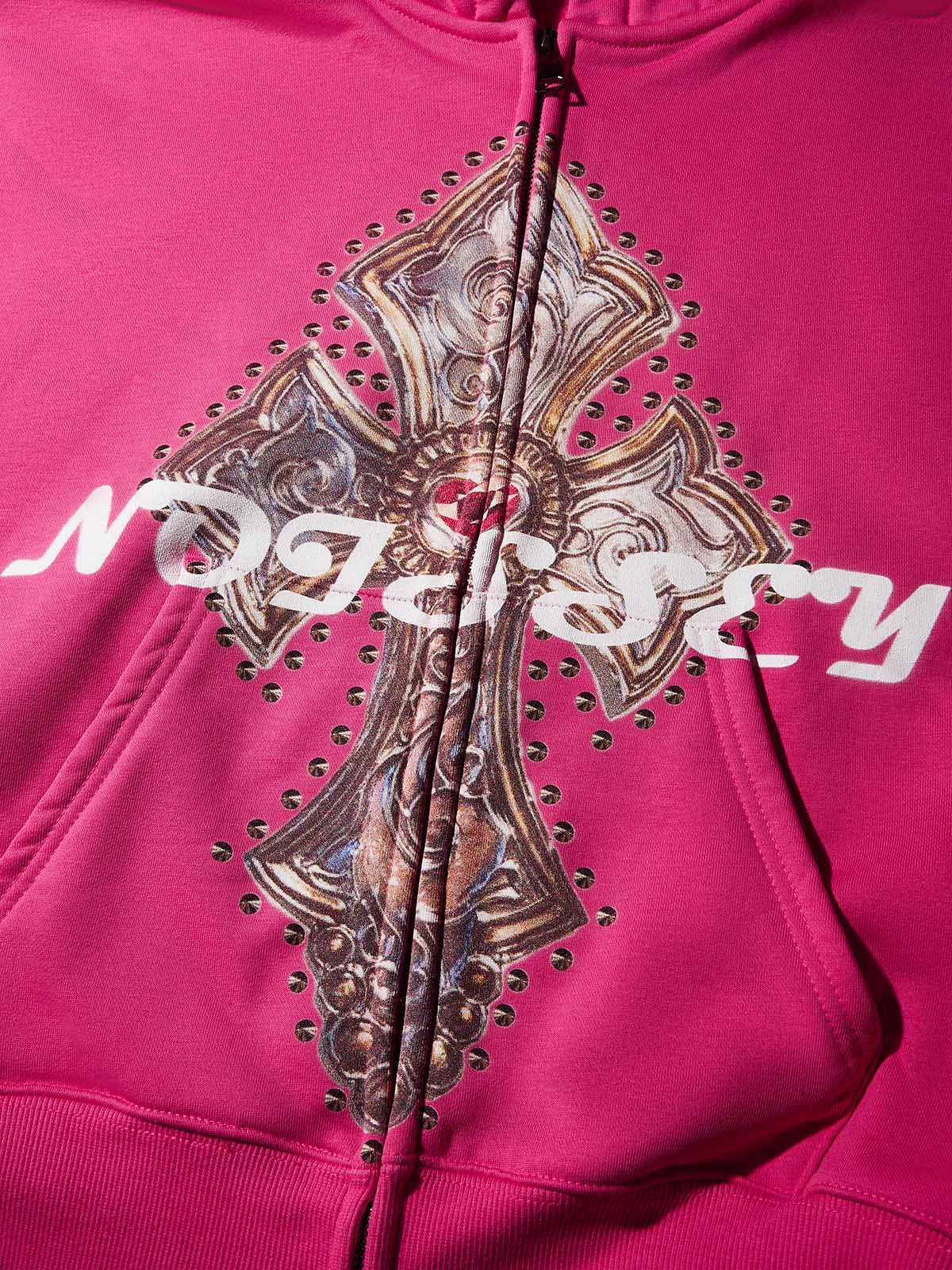 Diamond Cross Print Pink Zip Hoodie - Image 6
