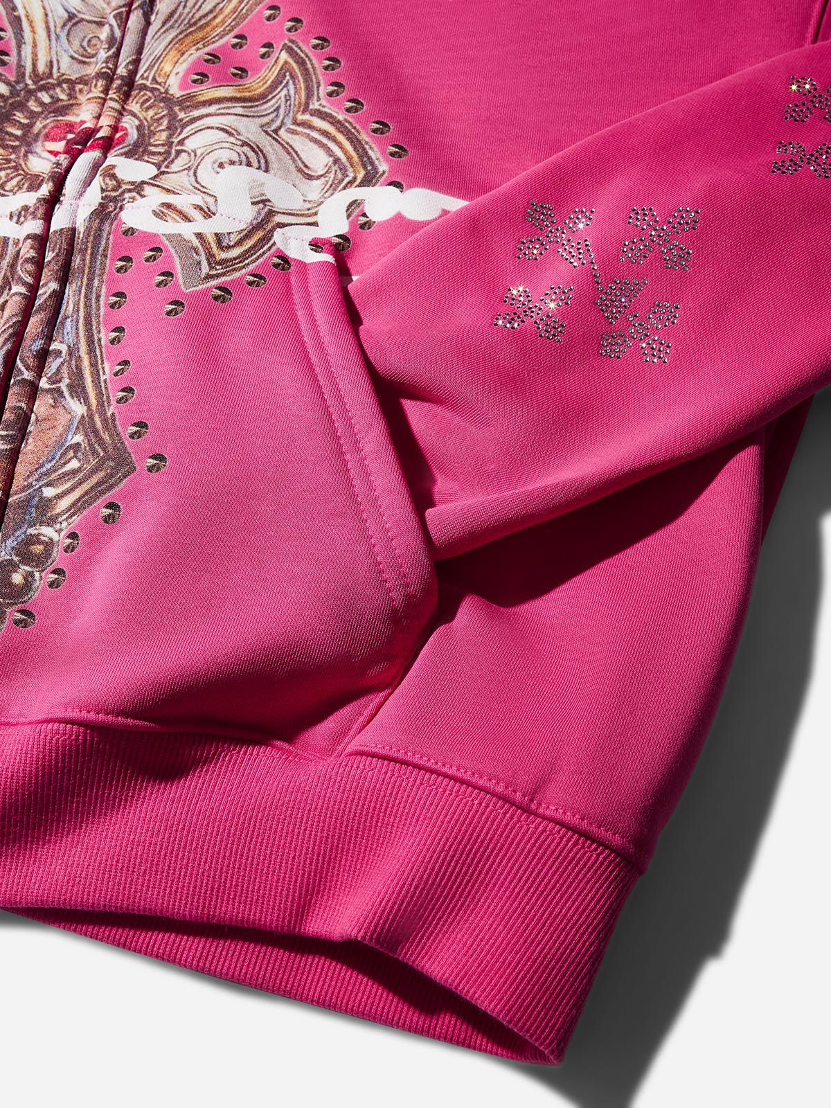 Diamond Cross Print Pink Zip Hoodie - Image 7