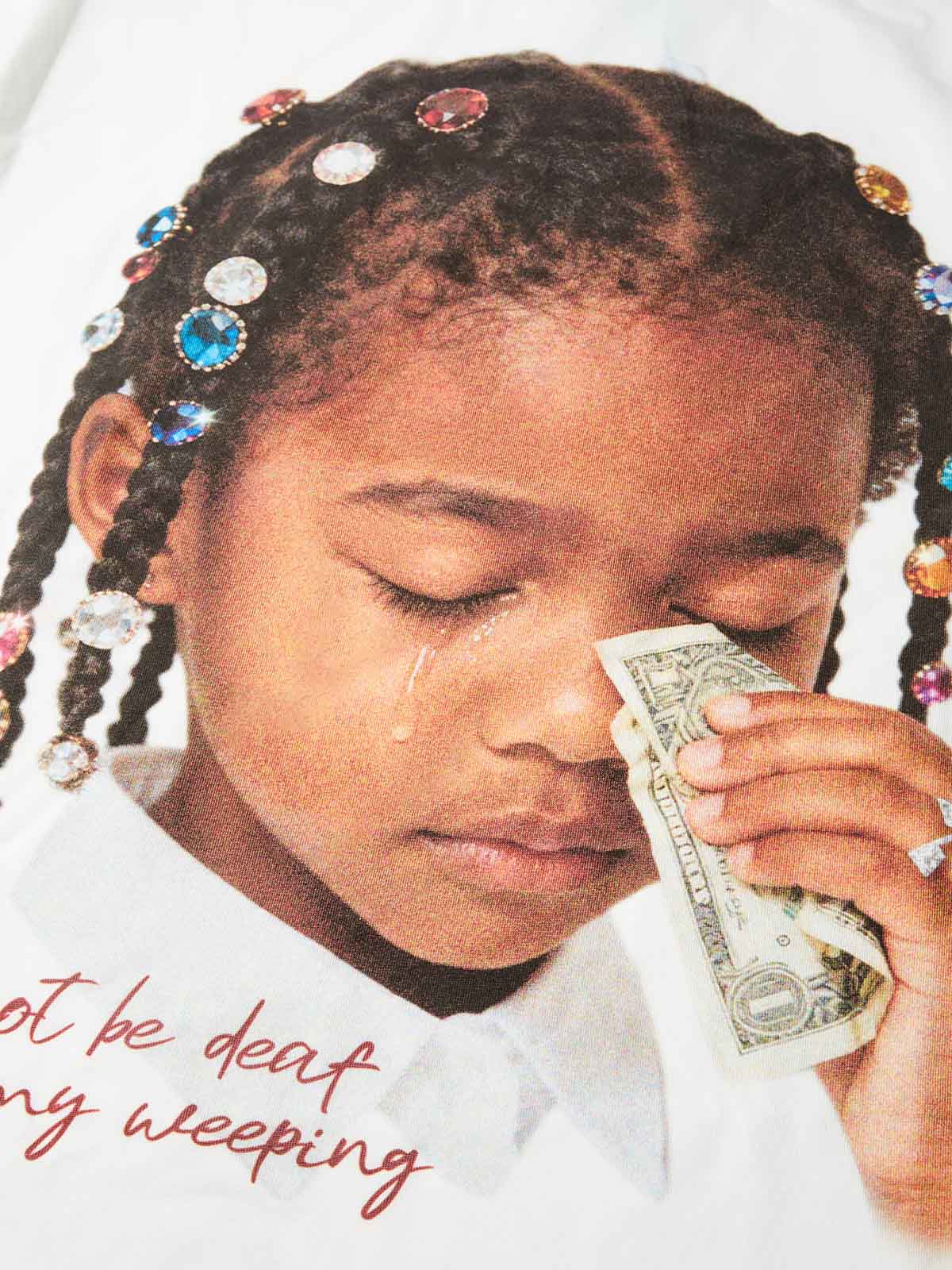 "Do not be deaf to my weeping" Girl Wiping Tears with Money Print T-shirt - Image 7