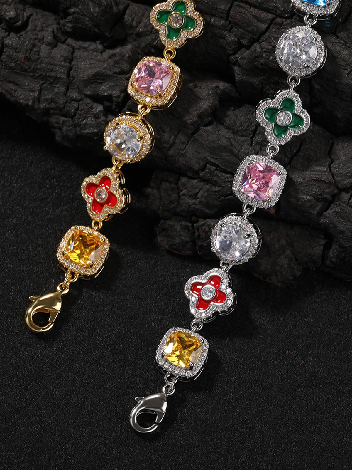 Dopamine-Colored Diamond-Encrusted Flower Geometric Adjustable Bracelet - Image 5