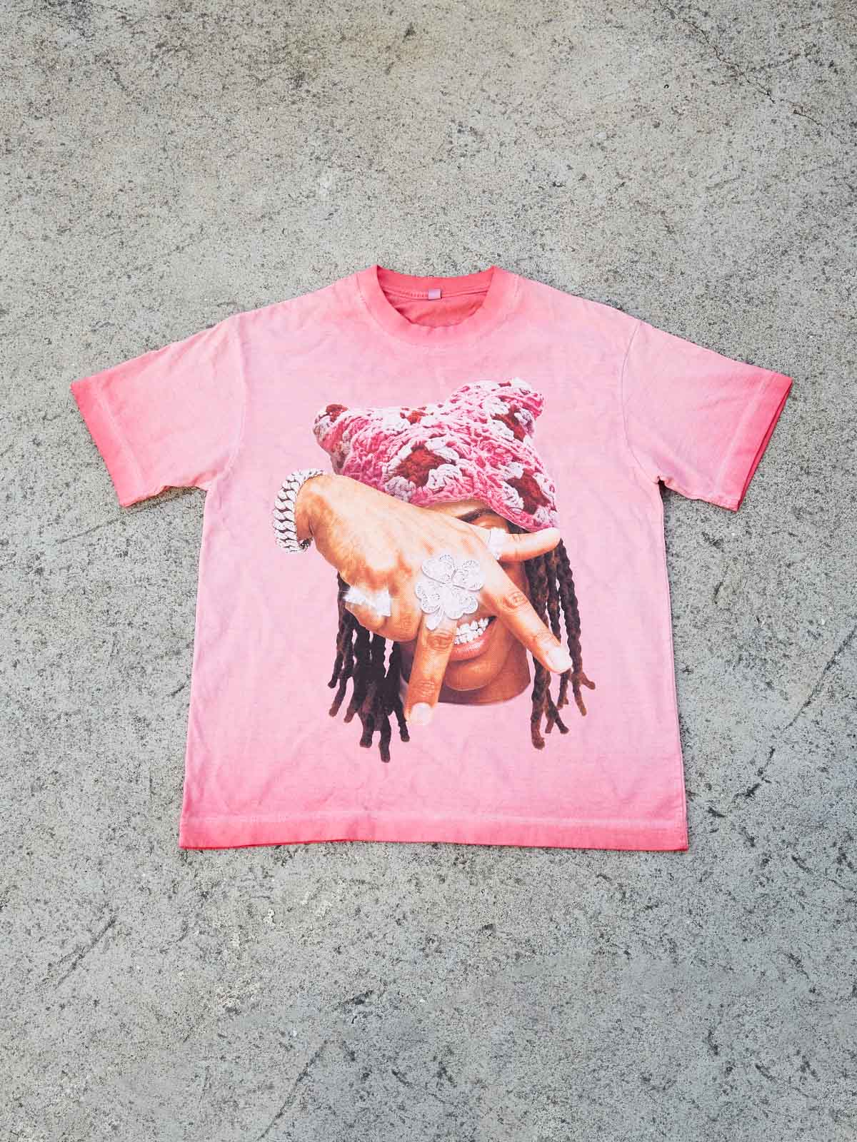"Eternal Victory" Pink Cat-Ear Knit Hat Character Washed Print T-shirt - Image 4