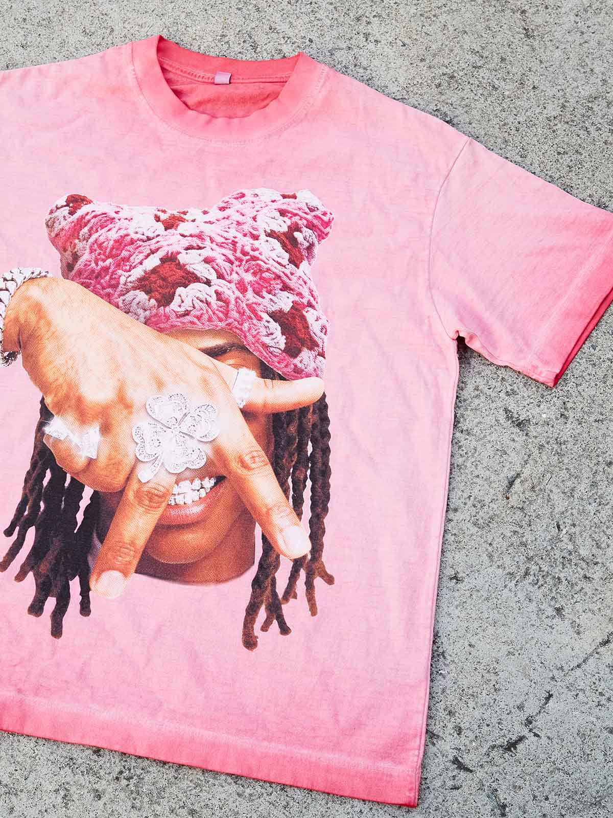 "Eternal Victory" Pink Cat-Ear Knit Hat Character Washed Print T-shirt - Image 5