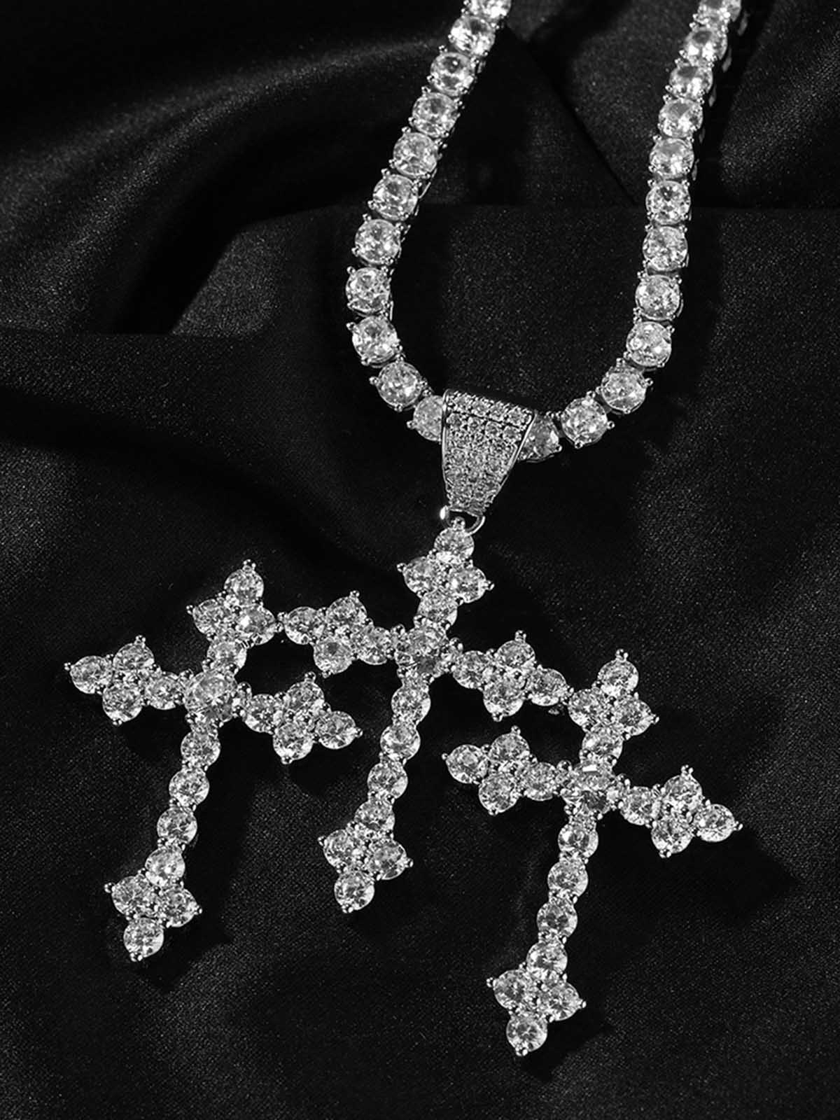 Full zirconium fine cross pendant copper inset zircon necklace - Image 3