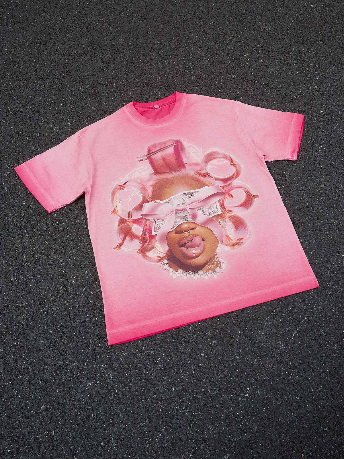 Girl and Her Curling Iron Pink Wash Print T-shirt - Image 5