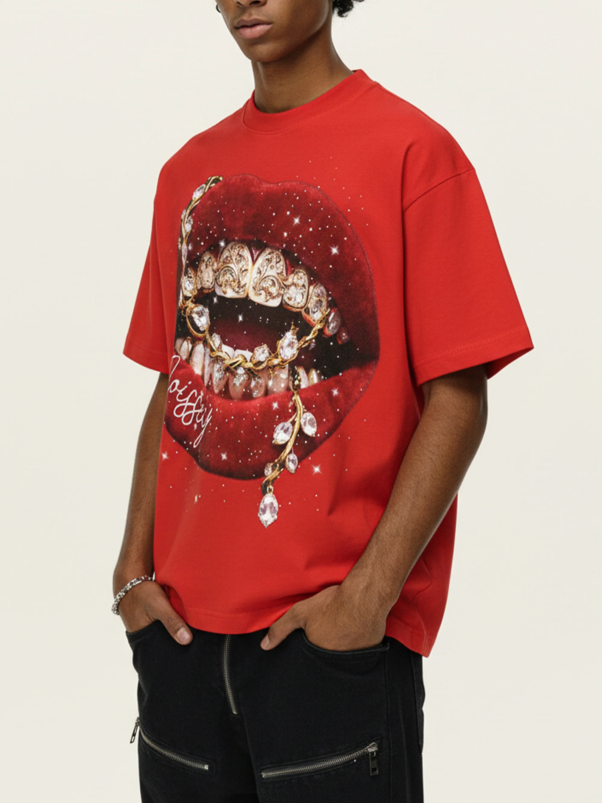 NOISSEY Y2K Bling Red Lips & Gold Chain Rhinestone T-Shirt - Red 255G Boxy Oversized Fit - Image 7
