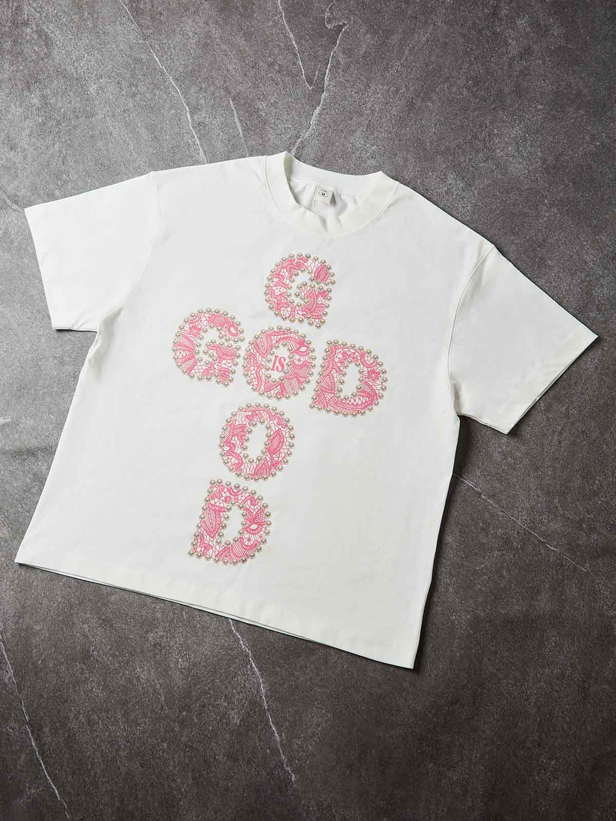 GOD IS GOOD! Lace Pearl Edge Printed T-shirt - Image 7