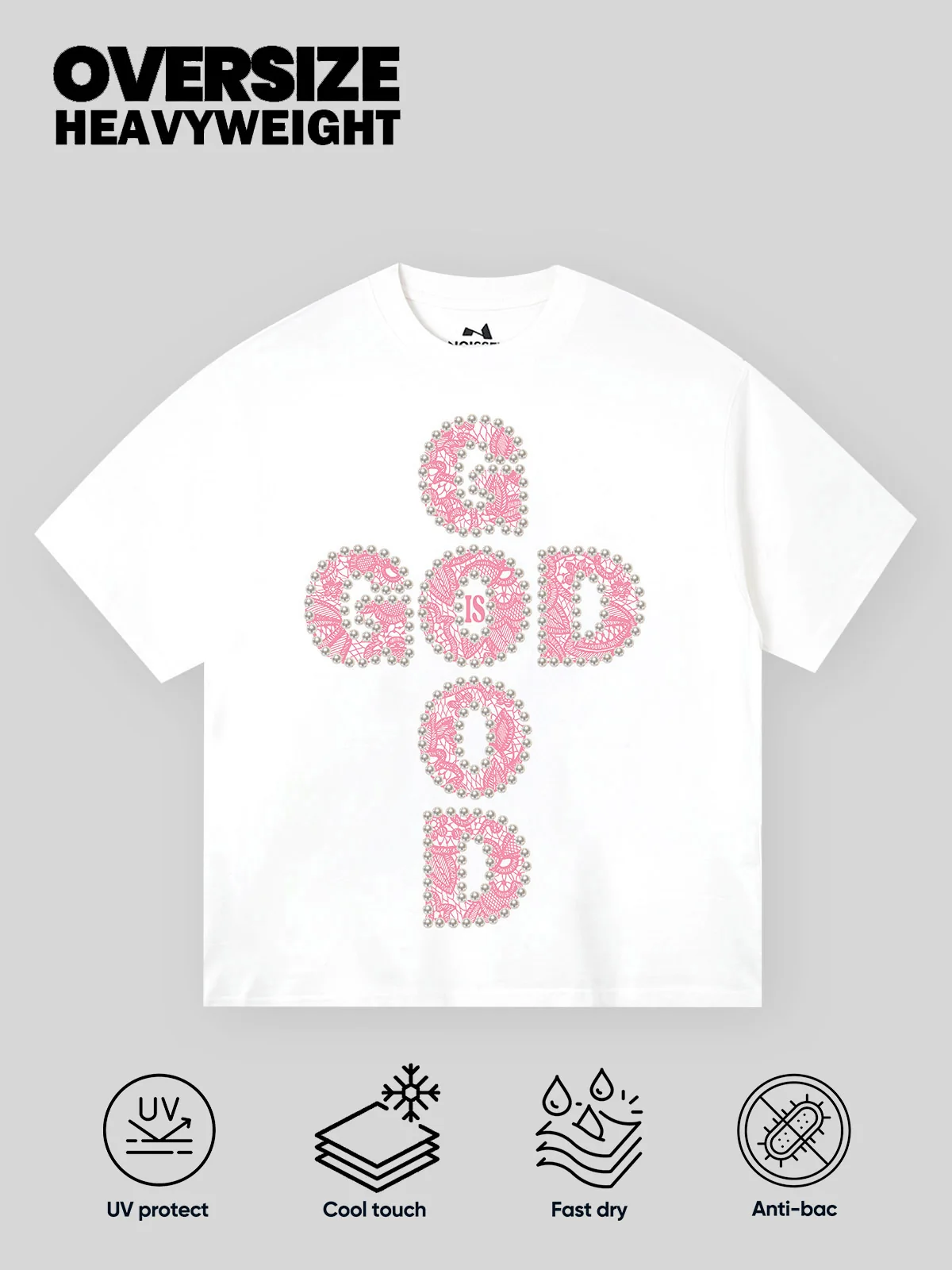 GOD IS GOOD! Lace Pearl Edge Printed T-shirt - Image 8