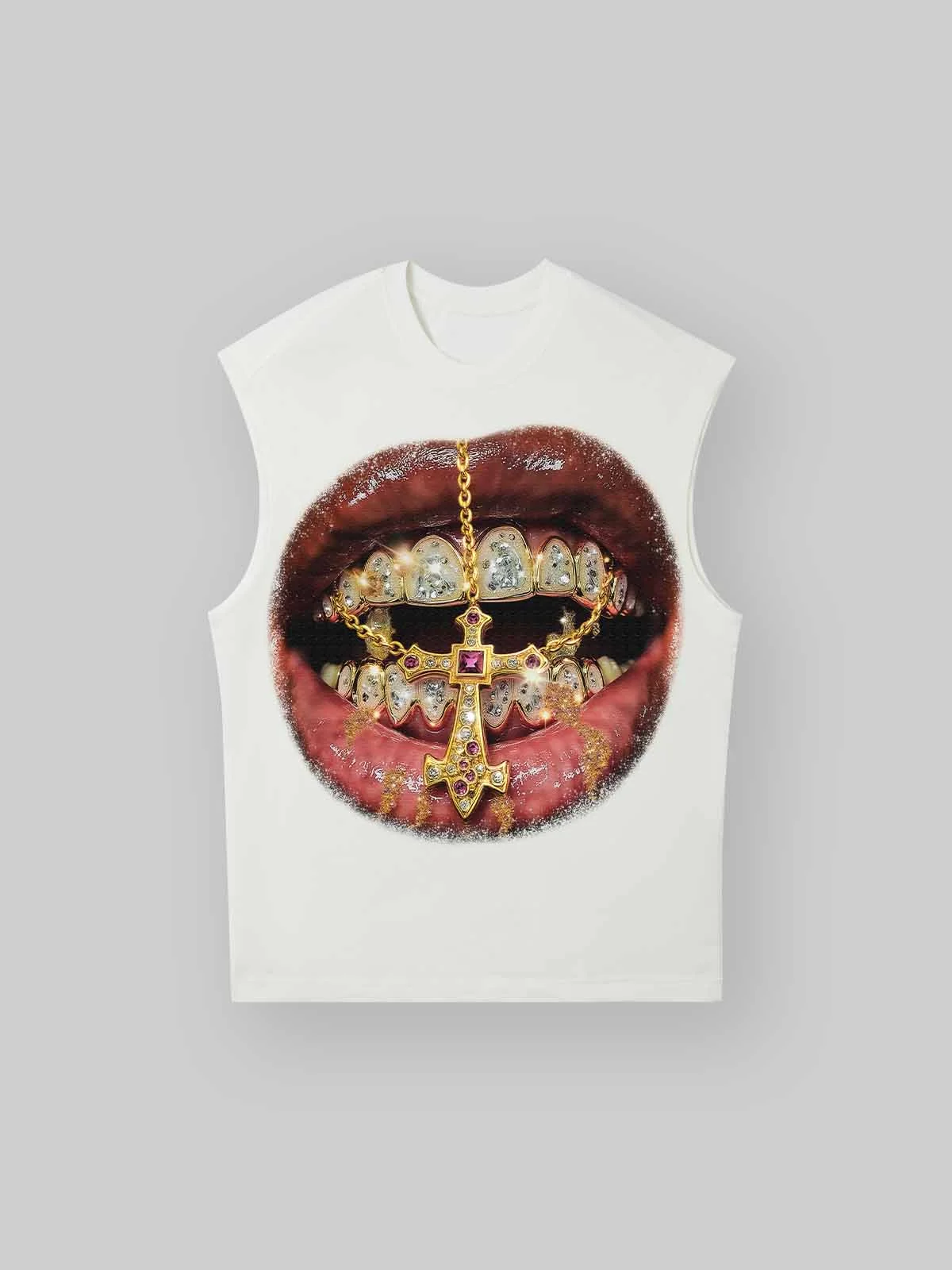 Golden Cross Diamond Patch Grills Print Tank Top