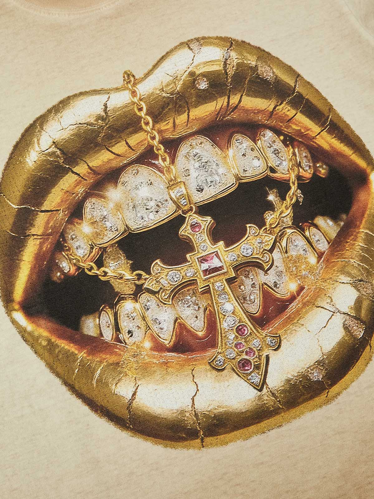 Golden Cross Grillz Oversized Graphic T-Shirt - Luxury Streetwear Art Print - Image 2