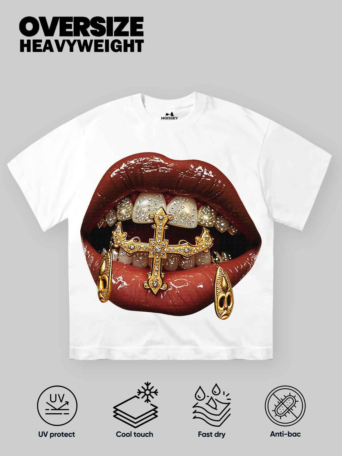 Heavyweight White T-Shirt with Surrealist Gold Cross & Mask Lip Graphic Streetwear - Image 8