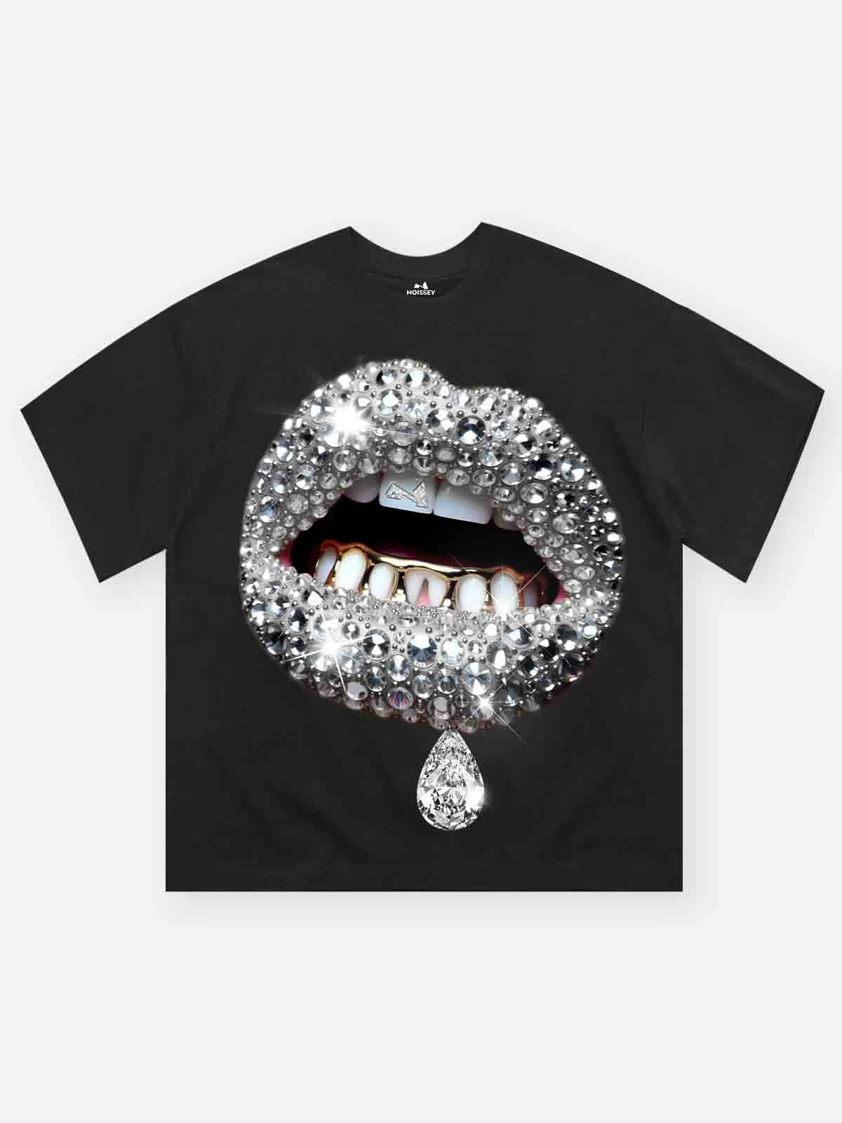 NOISSEY Premium Grey Diamond Lip T-Shirt - Phantom Black 350G Heavyweight Oversized Fit