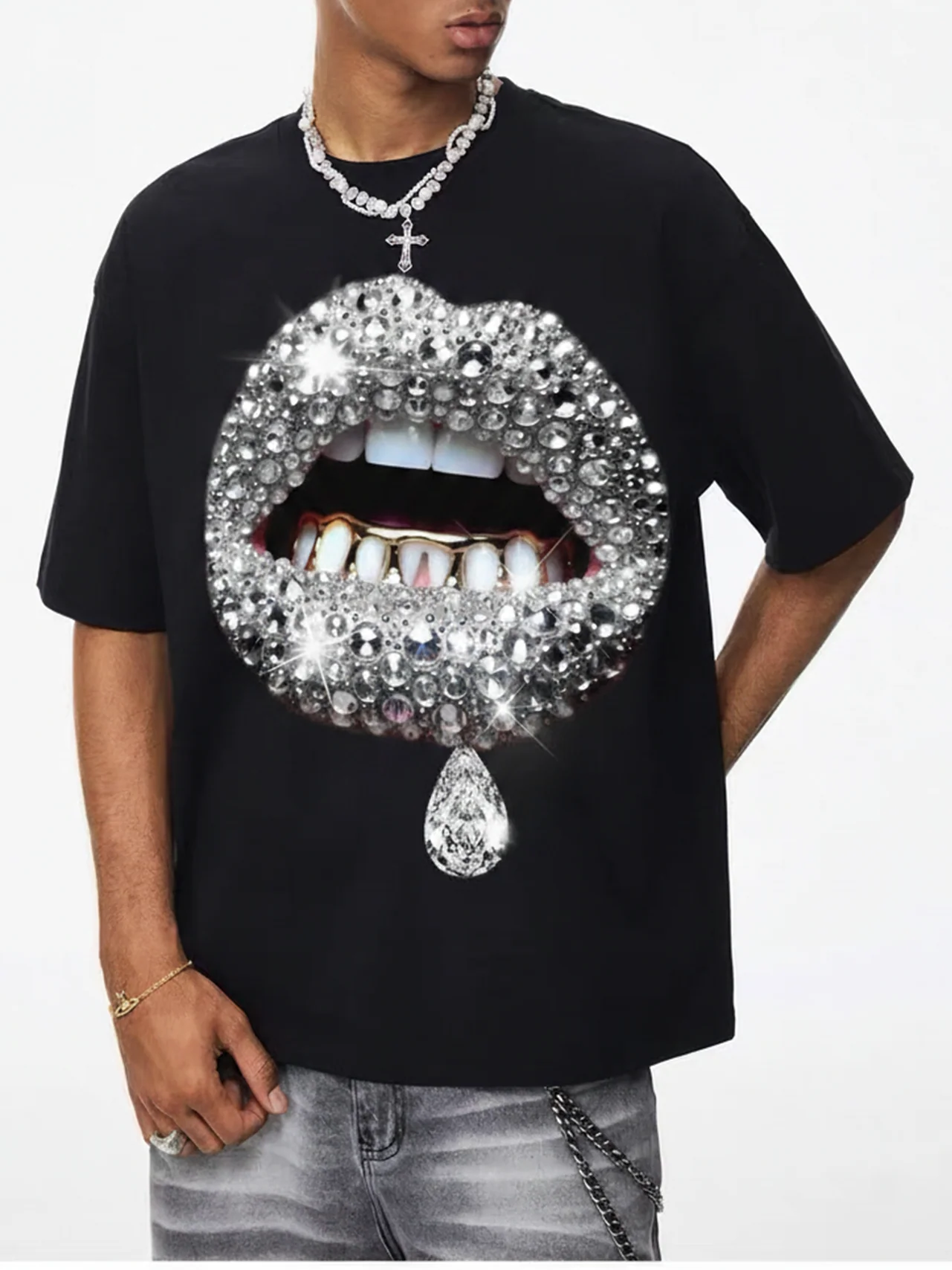 NOISSEY Premium Grey Diamond Lip T-Shirt - Phantom Black 350G Heavyweight Oversized Fit - Image 3