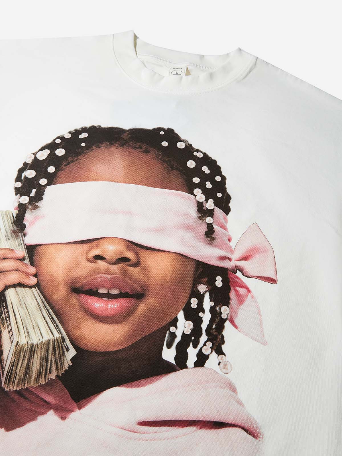 Little Girl with Pink Headscarf and Her Money Print T-shirt - Image 8